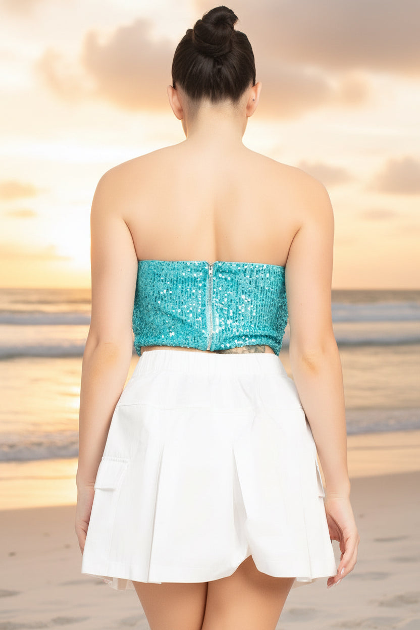 Celeste - Crop top bustier à paillettes bleu