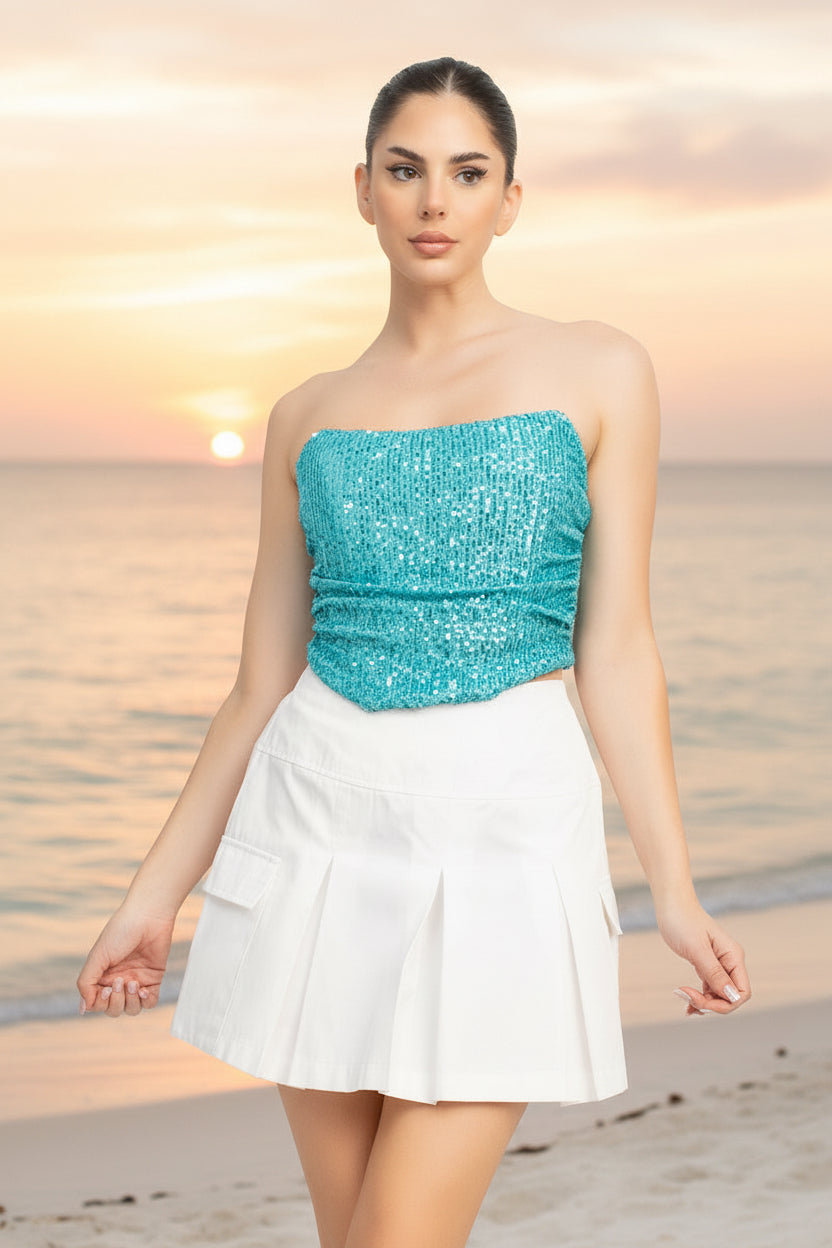Celeste - Crop top bustier à paillettes bleu