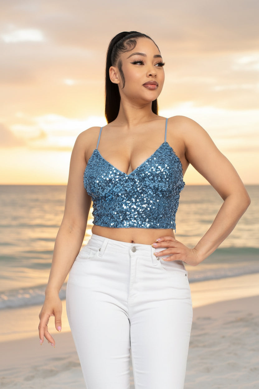 Radiance - Crop top à paillettes à bretelles bleu