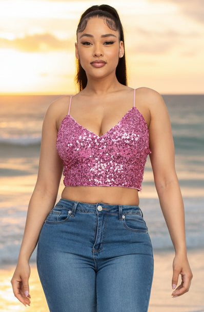 Radiance - Crop top à paillettes à bretelles rose