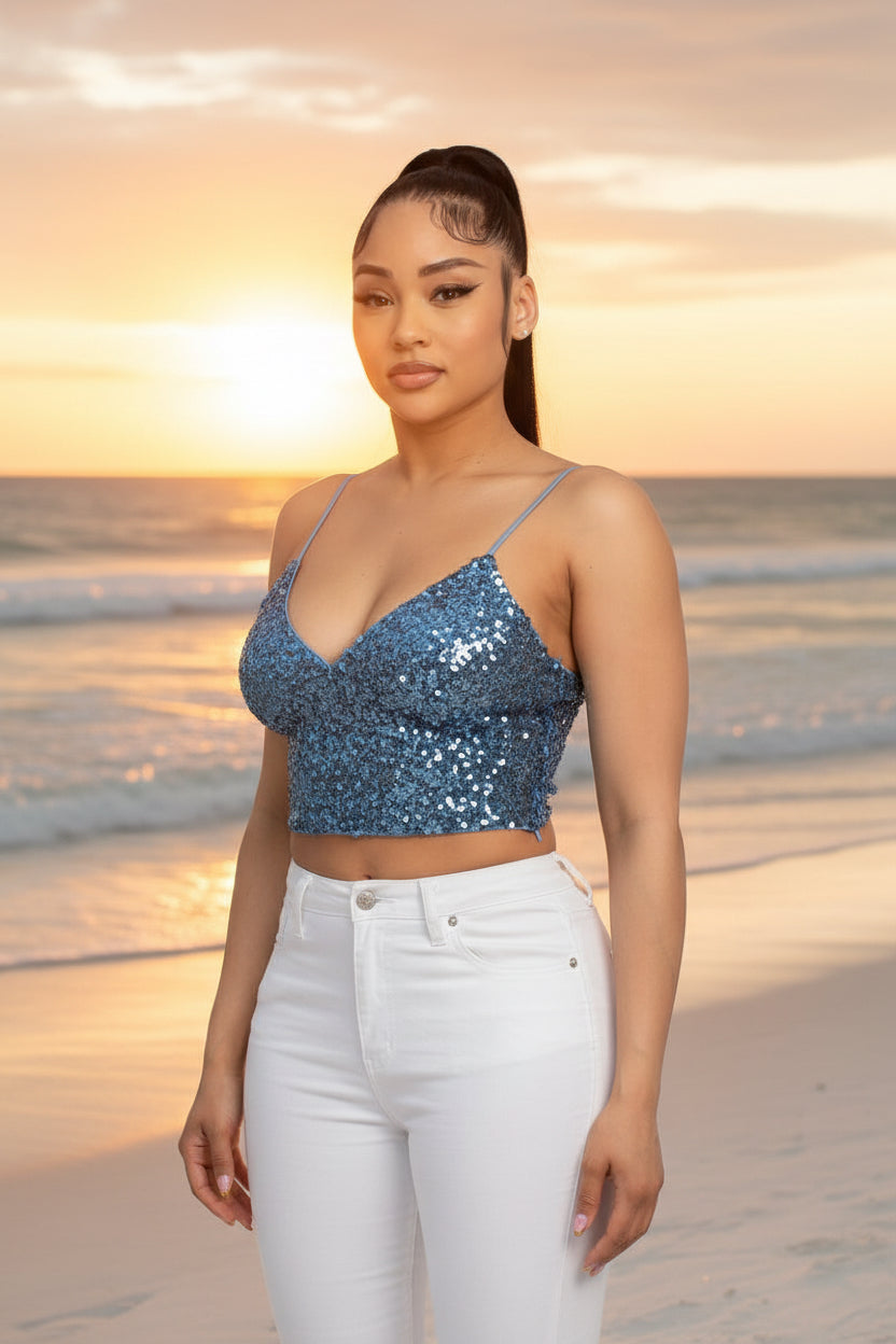 Radiance - Crop top à paillettes à bretelles bleu