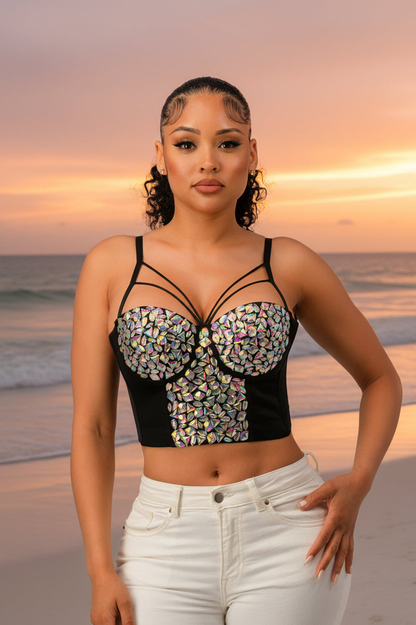 Diamante - Crop top noir corbeille orné de strass