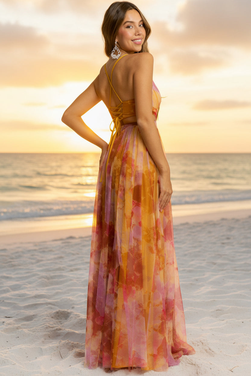 Island Breeze - Robe longue en tulle moutarde