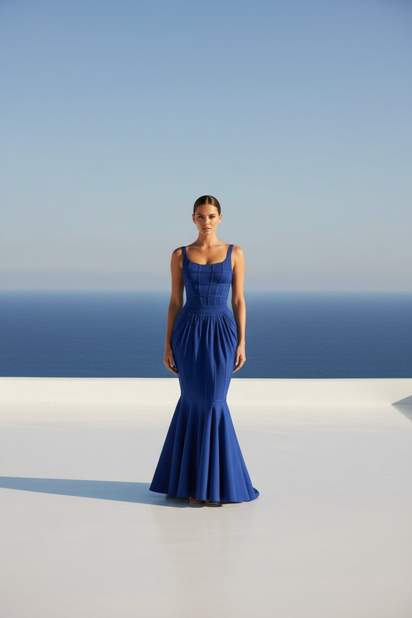 Medianoche - Robe longue corset drapée bleu indigo