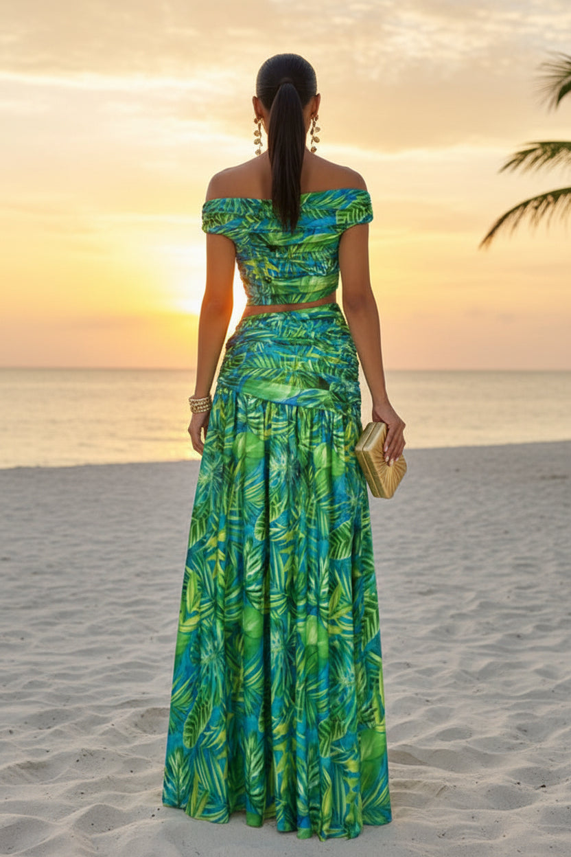 Bella Isola - Ensemble jupe fluide fleuri vert avec broche dorée