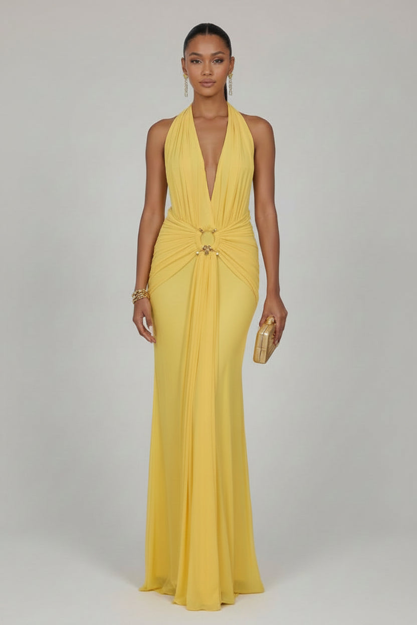 Yellow Sunset - Robe longue dos nu fluide