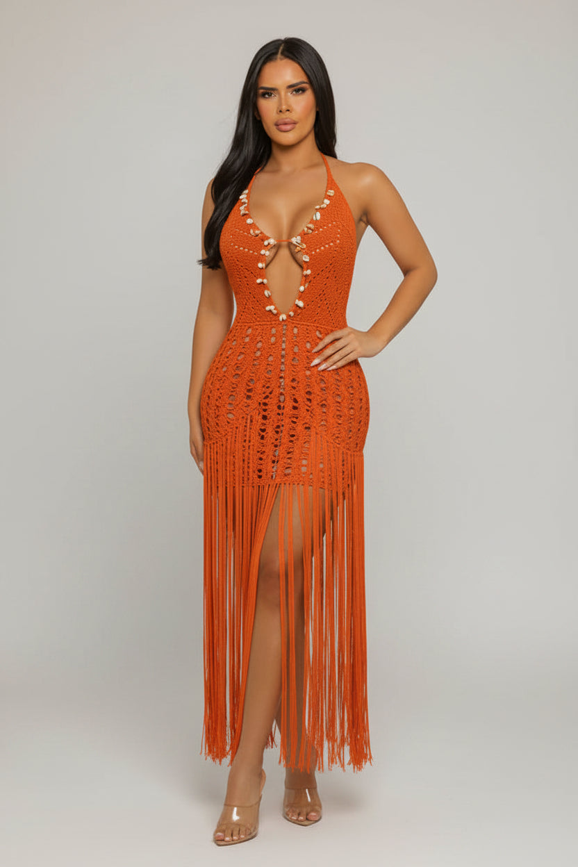 Papaya - Robe en crochet décolleté à franges
