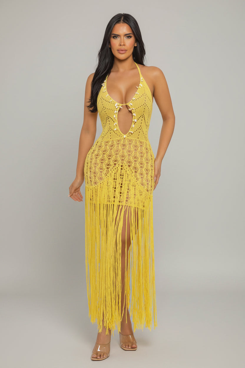 Mango - Robe en crochet décolleté à franges