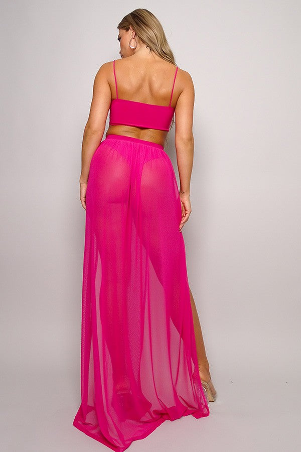 Moon Kiss - Ensemble jupe transparente et crop top fuchsia