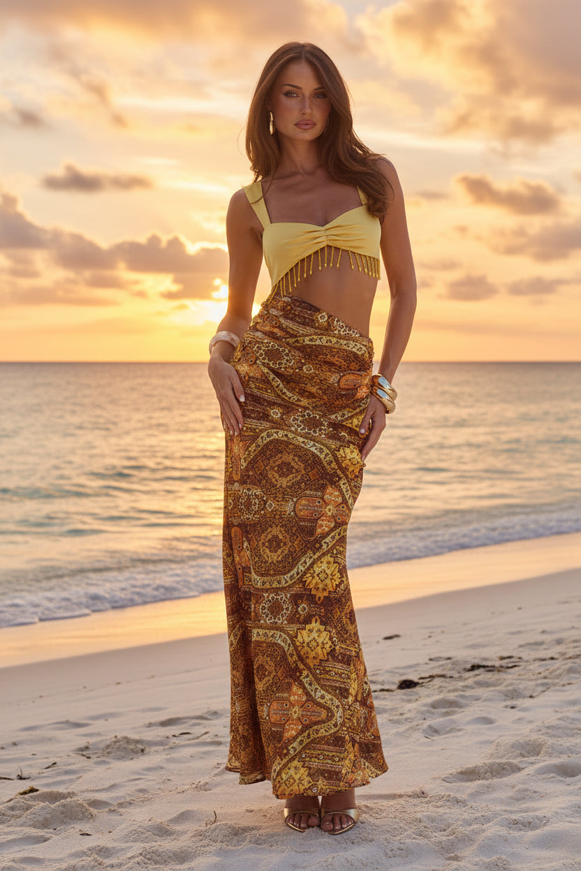 Sun Glow - Robe longue satinée à perles