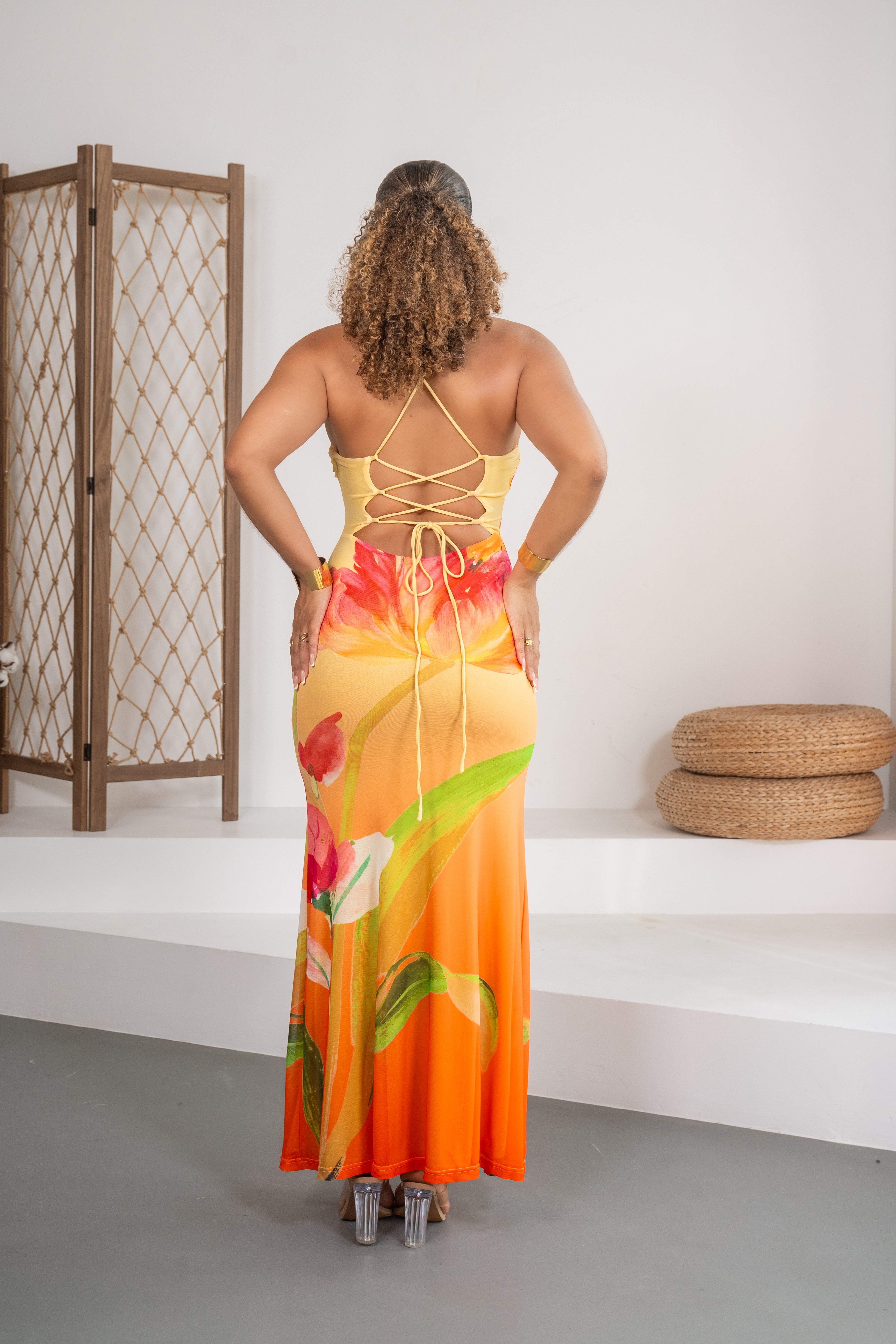 Aventura - Robe longue jaune imprimée et lacée