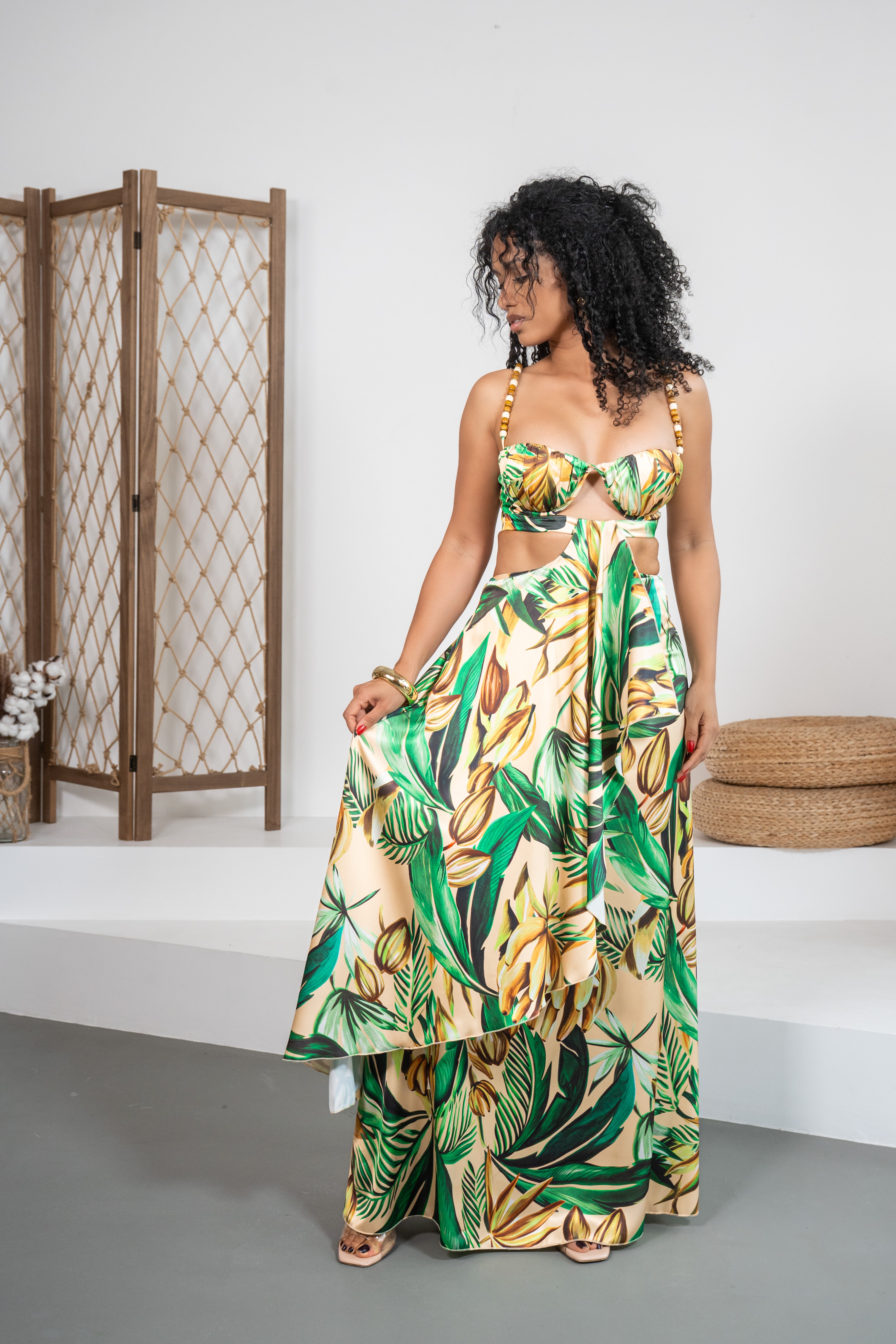 Paraíso - Robe longue imprimée avec bretelles en bois