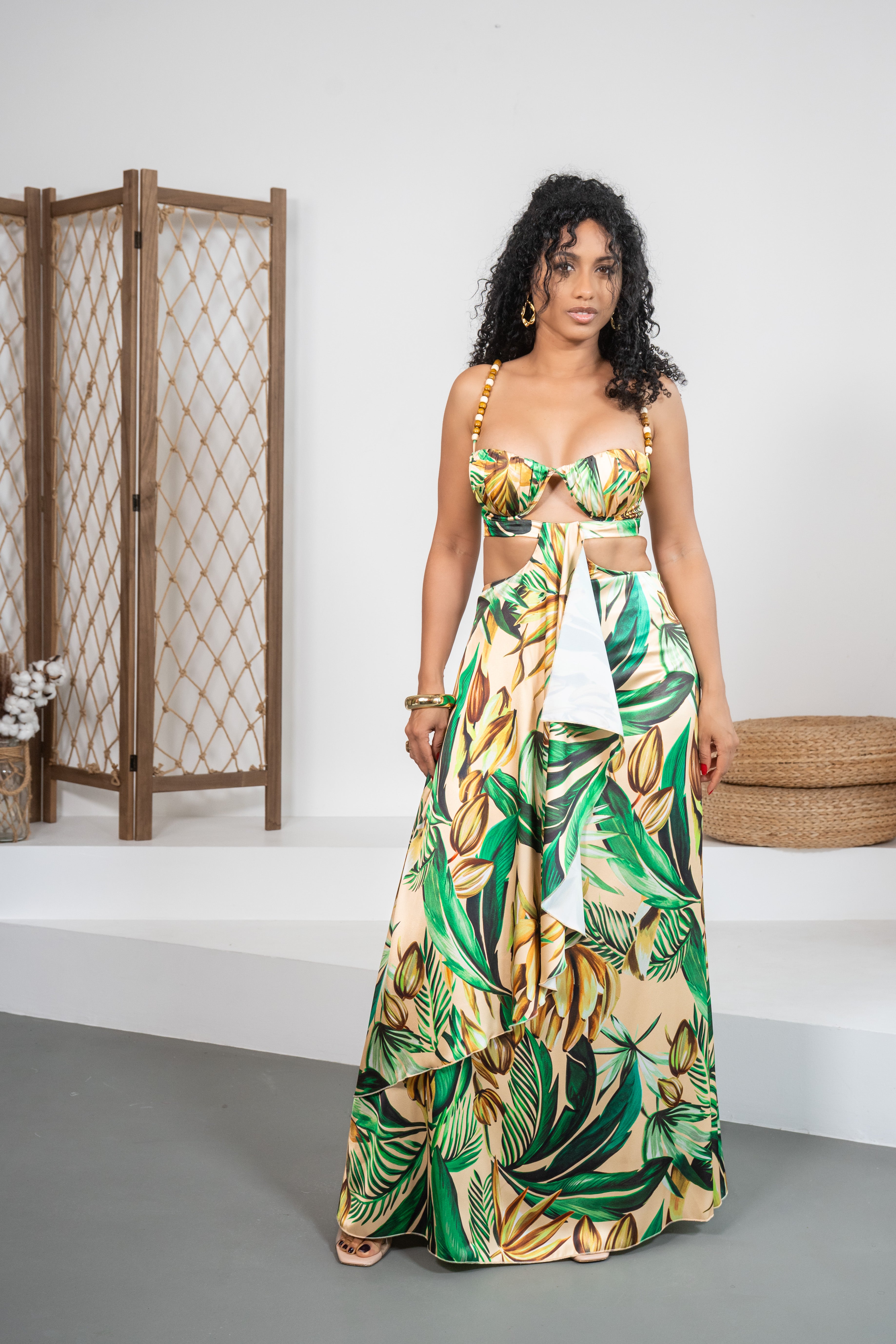 Paraíso - Robe longue imprimée avec bretelles en bois