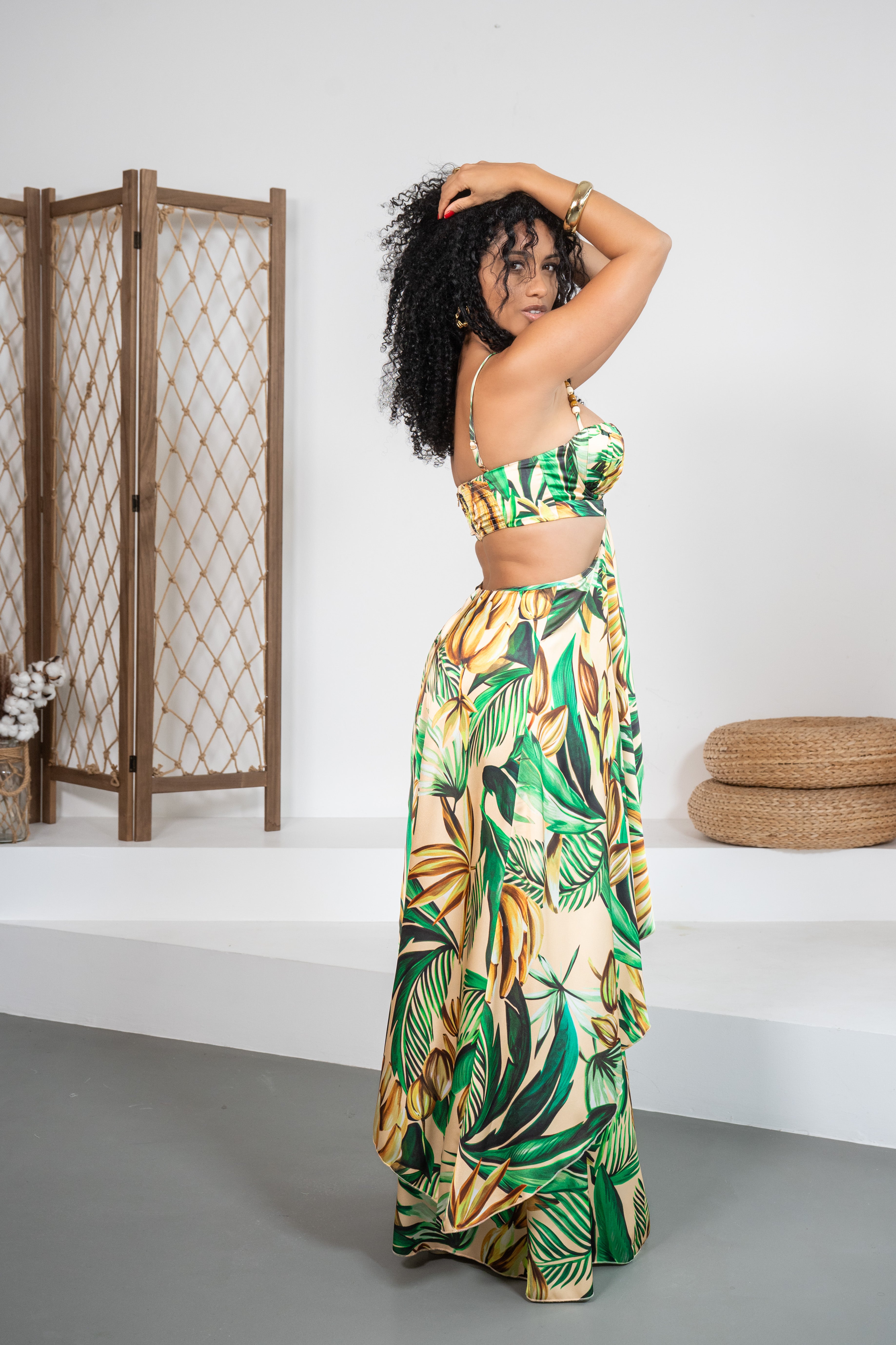 Paraíso - Robe longue imprimée avec bretelles en bois