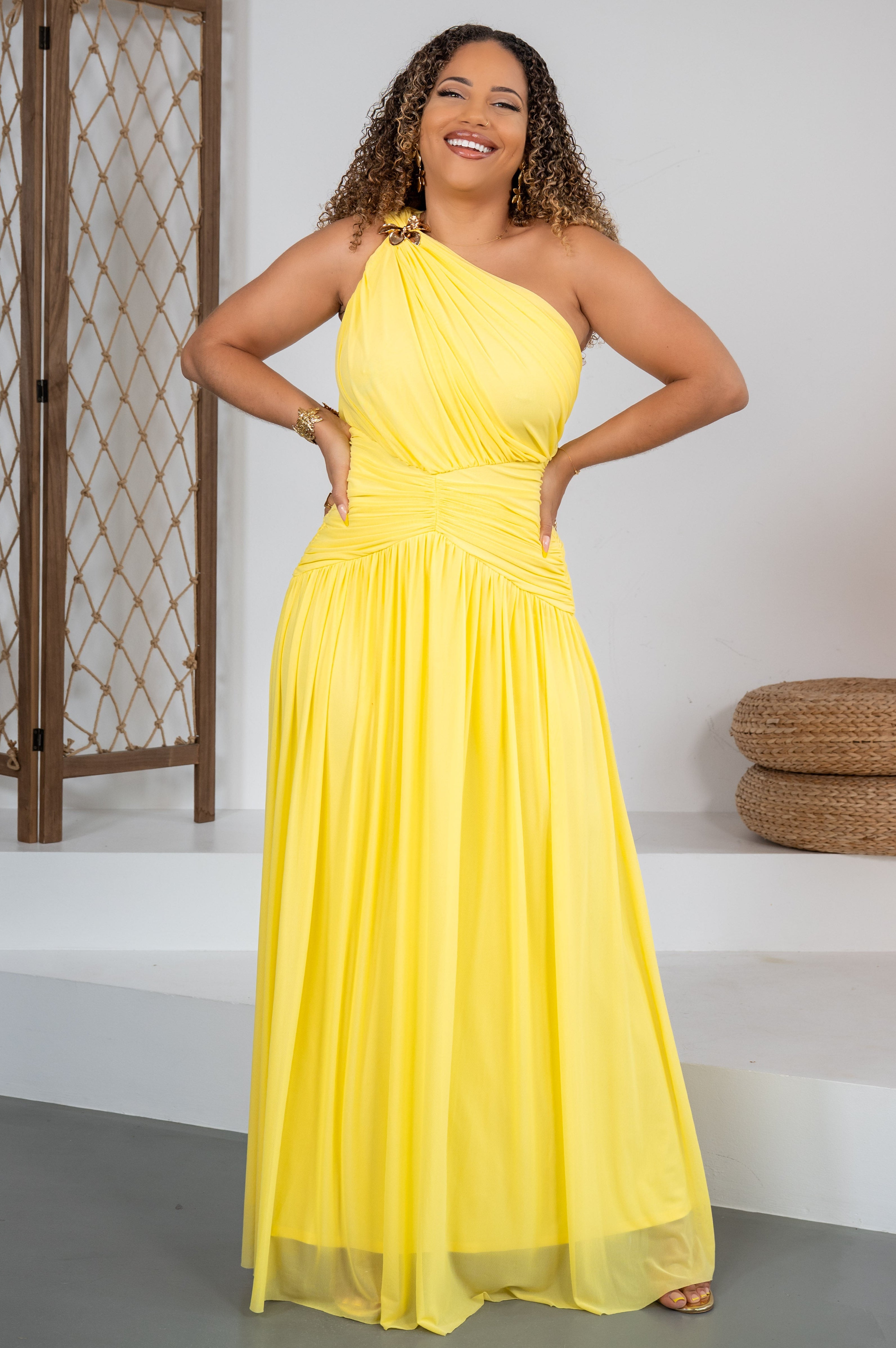Dolce Riviera - Robe de cérémonie drapée jaune