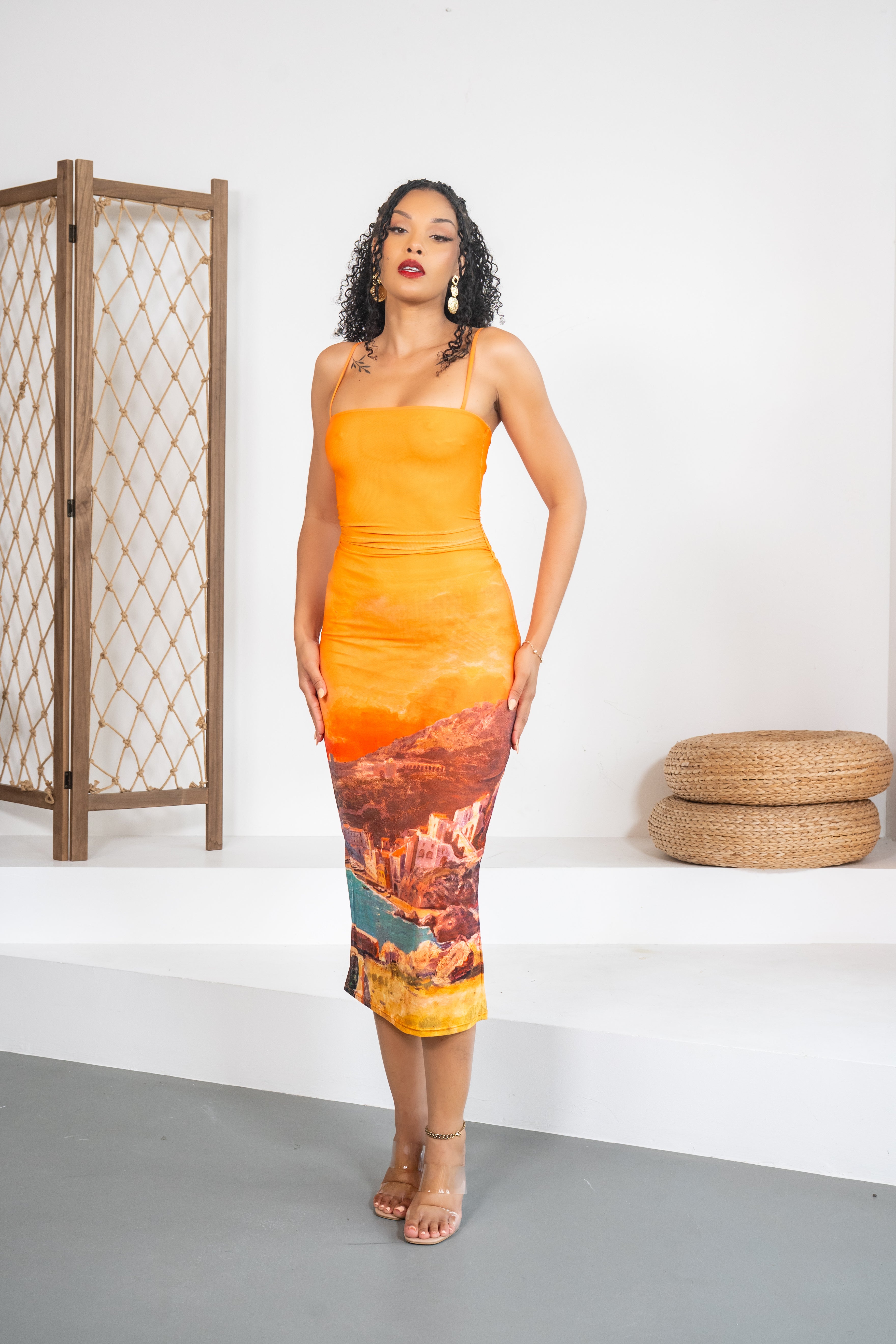 Sole Mio - Robe midi orange avec imprimés