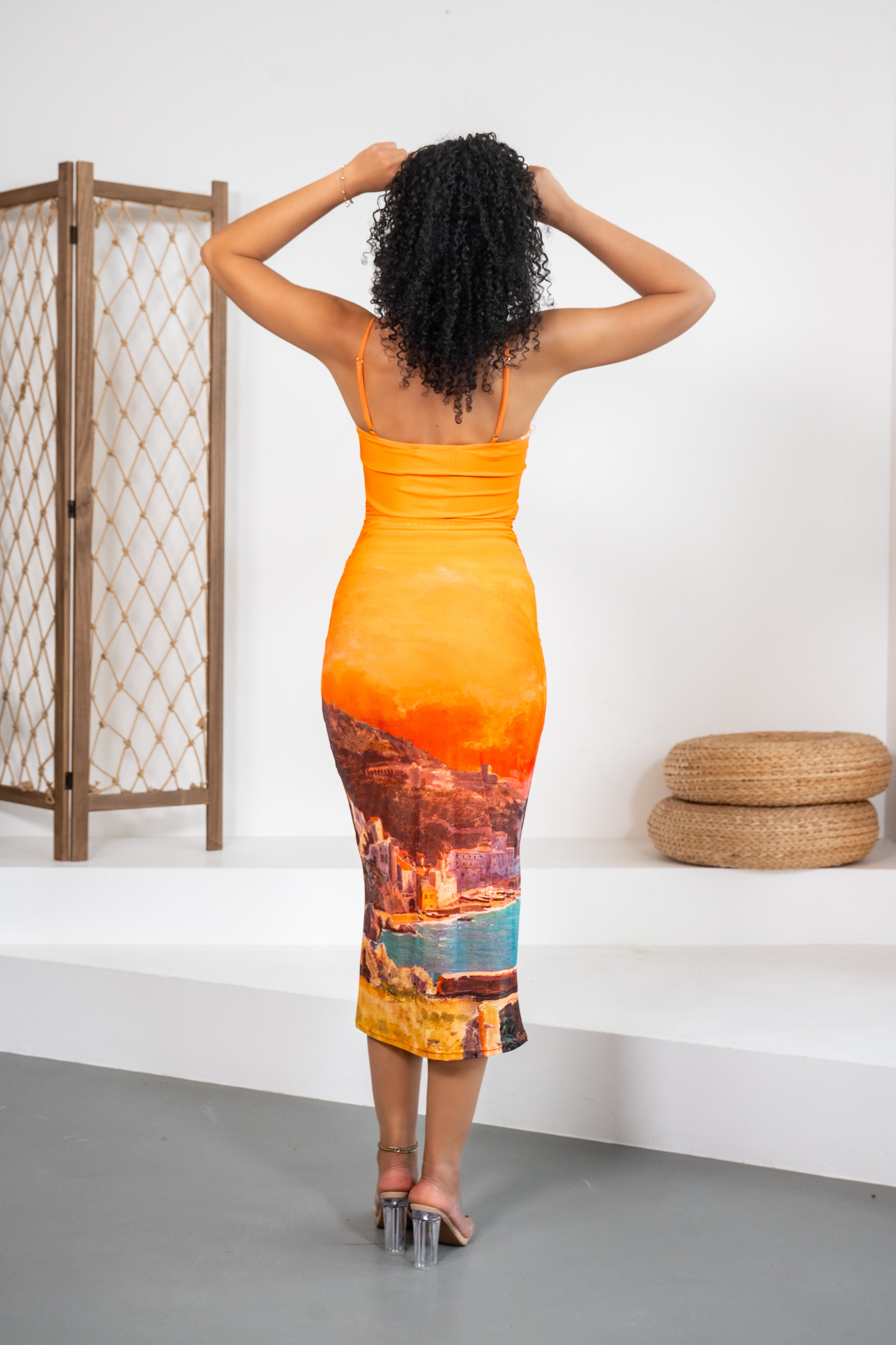 Sole Mio - Robe midi orange avec imprimés