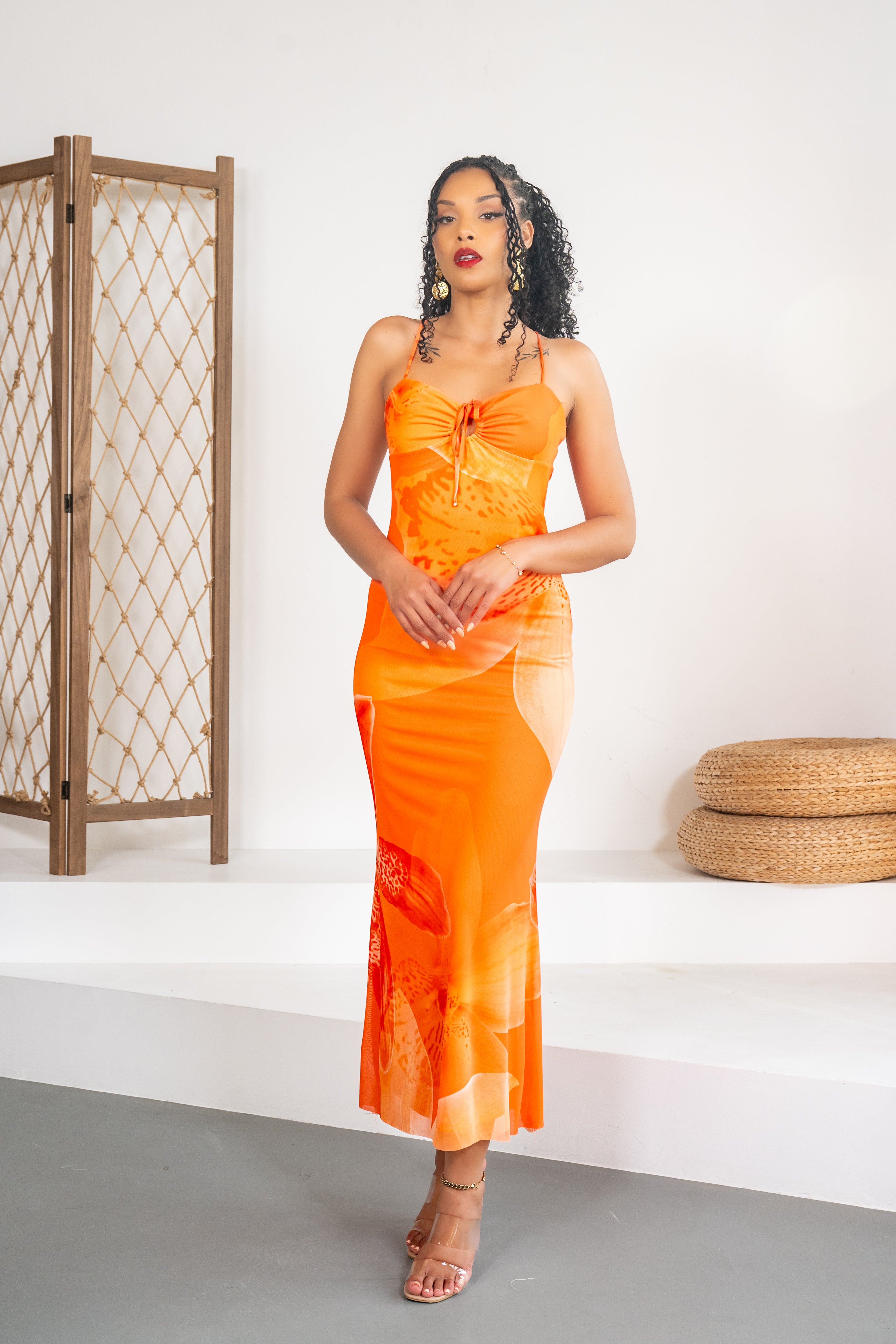 Papaya - Robe longue imprimée orange à bretelles