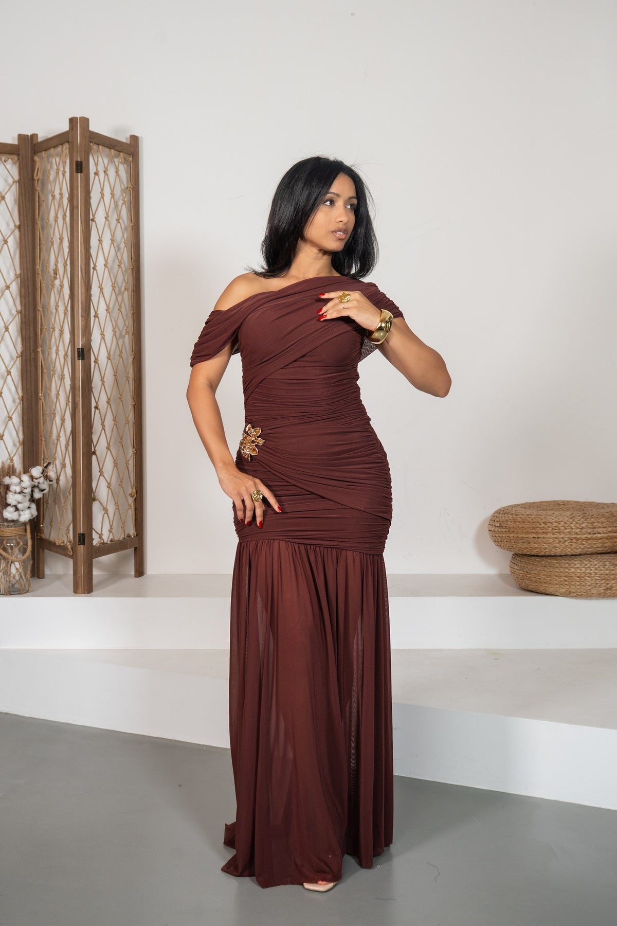 Milonga - Robe longue drapée châtaigne