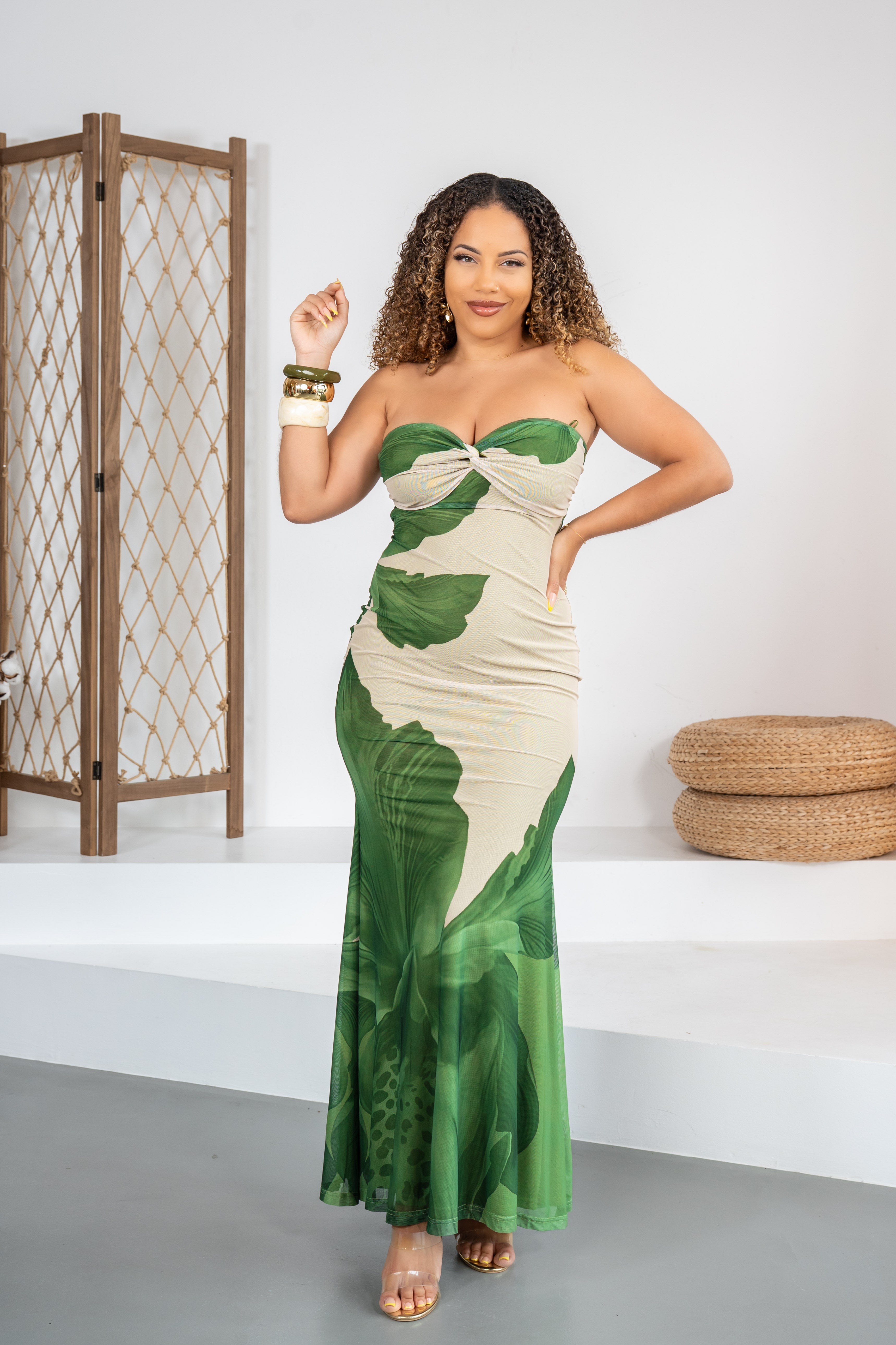 Secret Canopy - Robe bustier coupe sirène taupe & verte