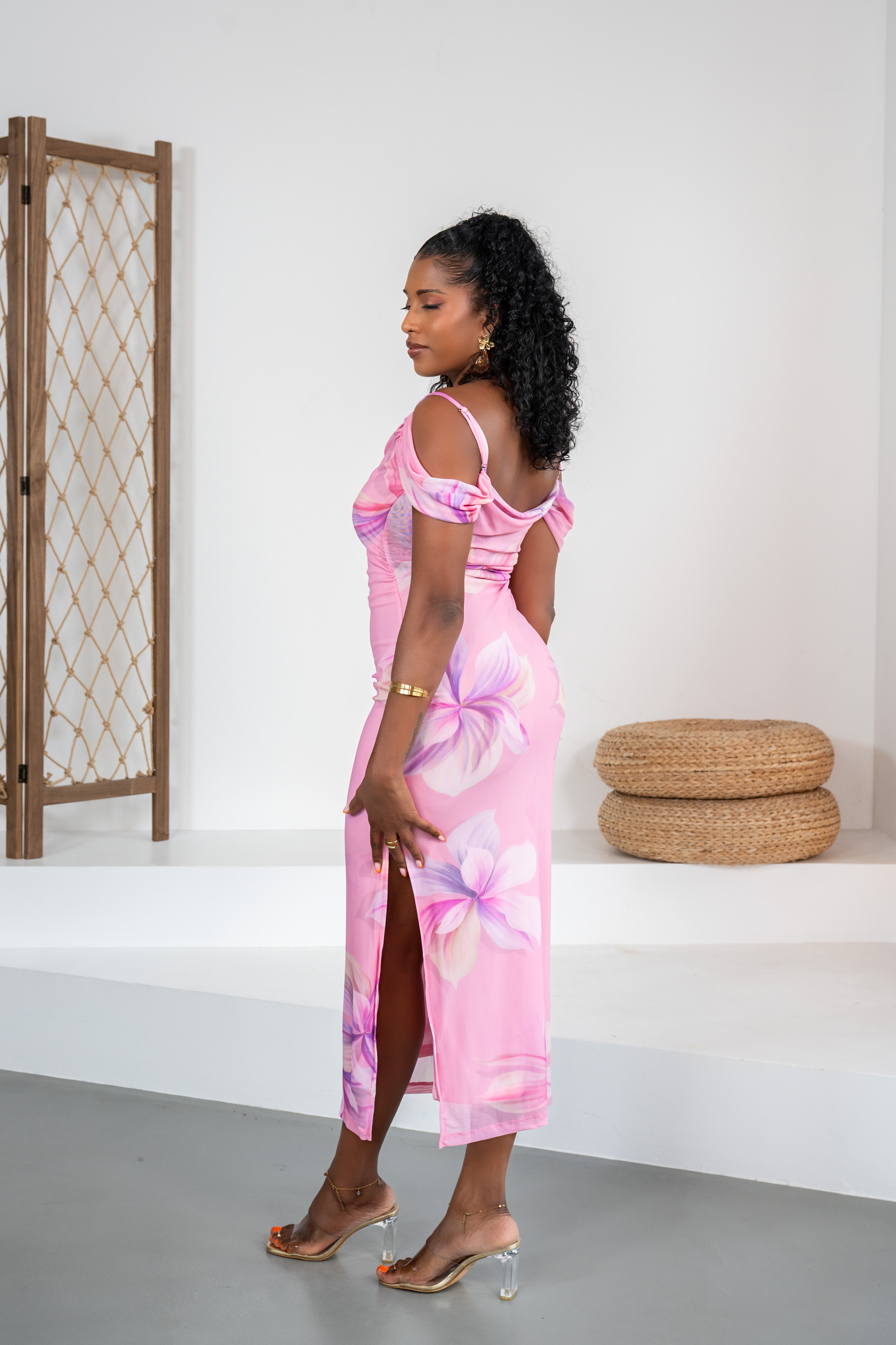 Pink palette - Robe midi fleurie rose