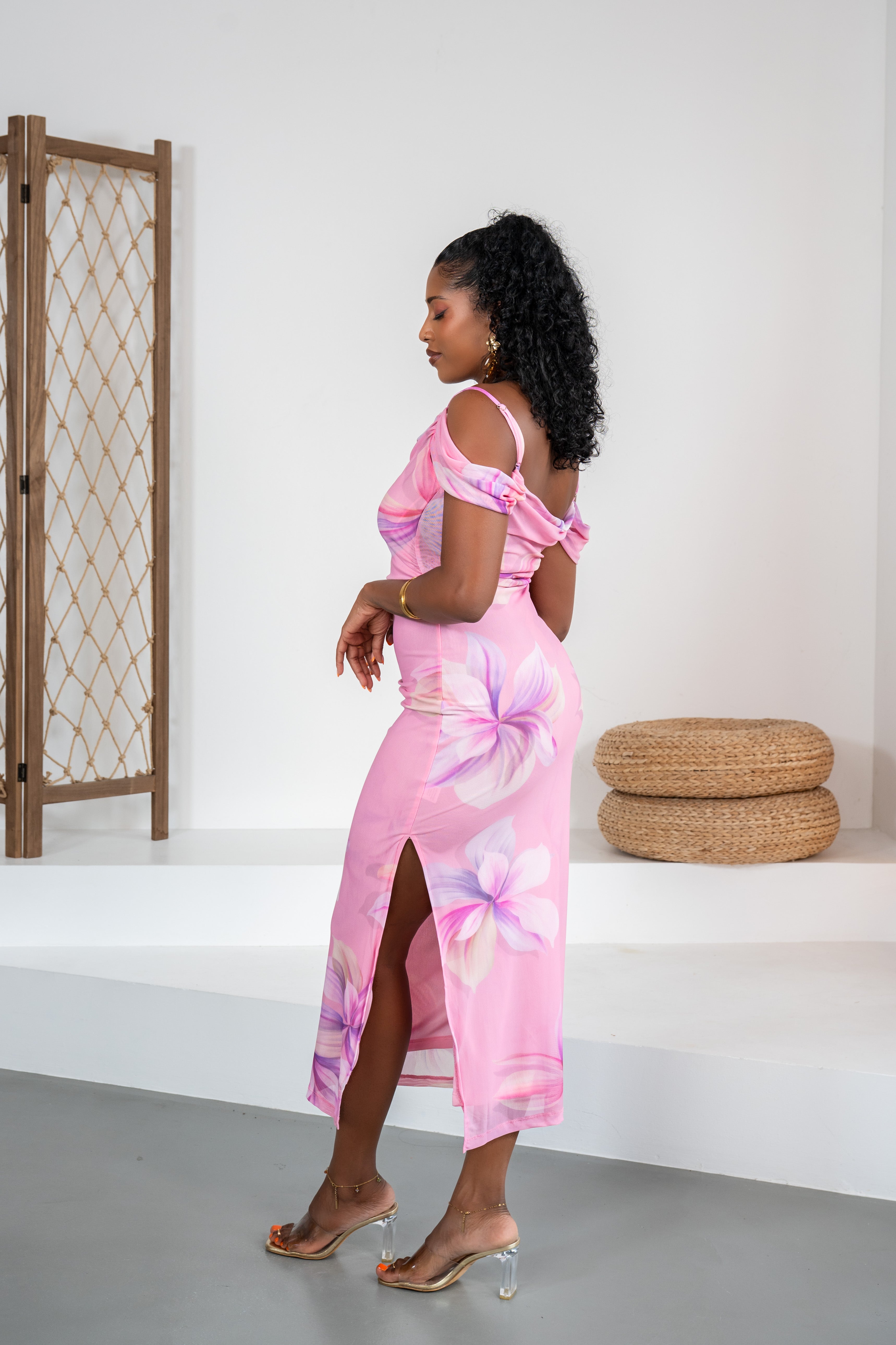 Pink palette - Robe midi fleurie rose