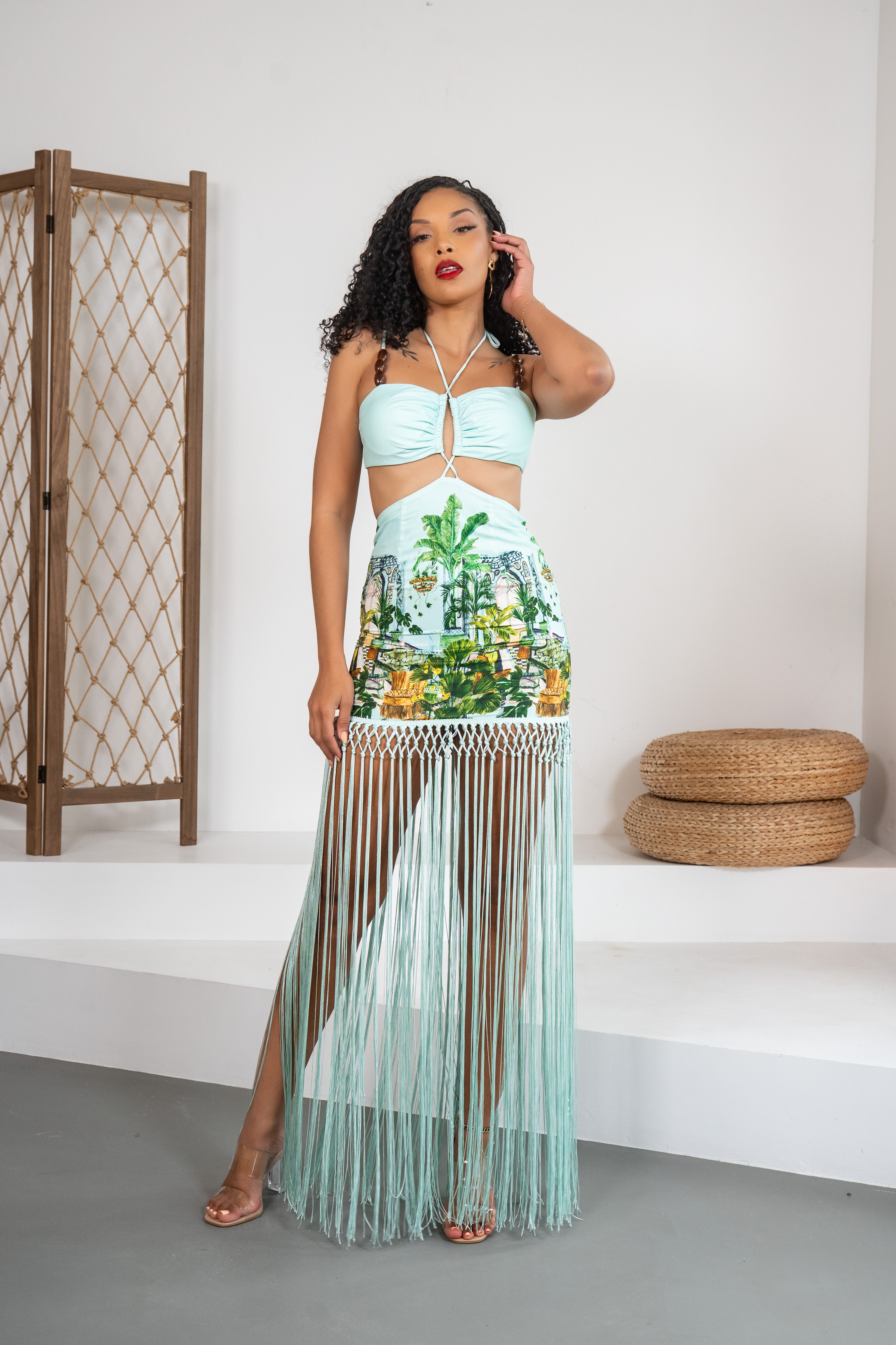Crystal Oasis - Robe longue à franges ornée de perles en bois