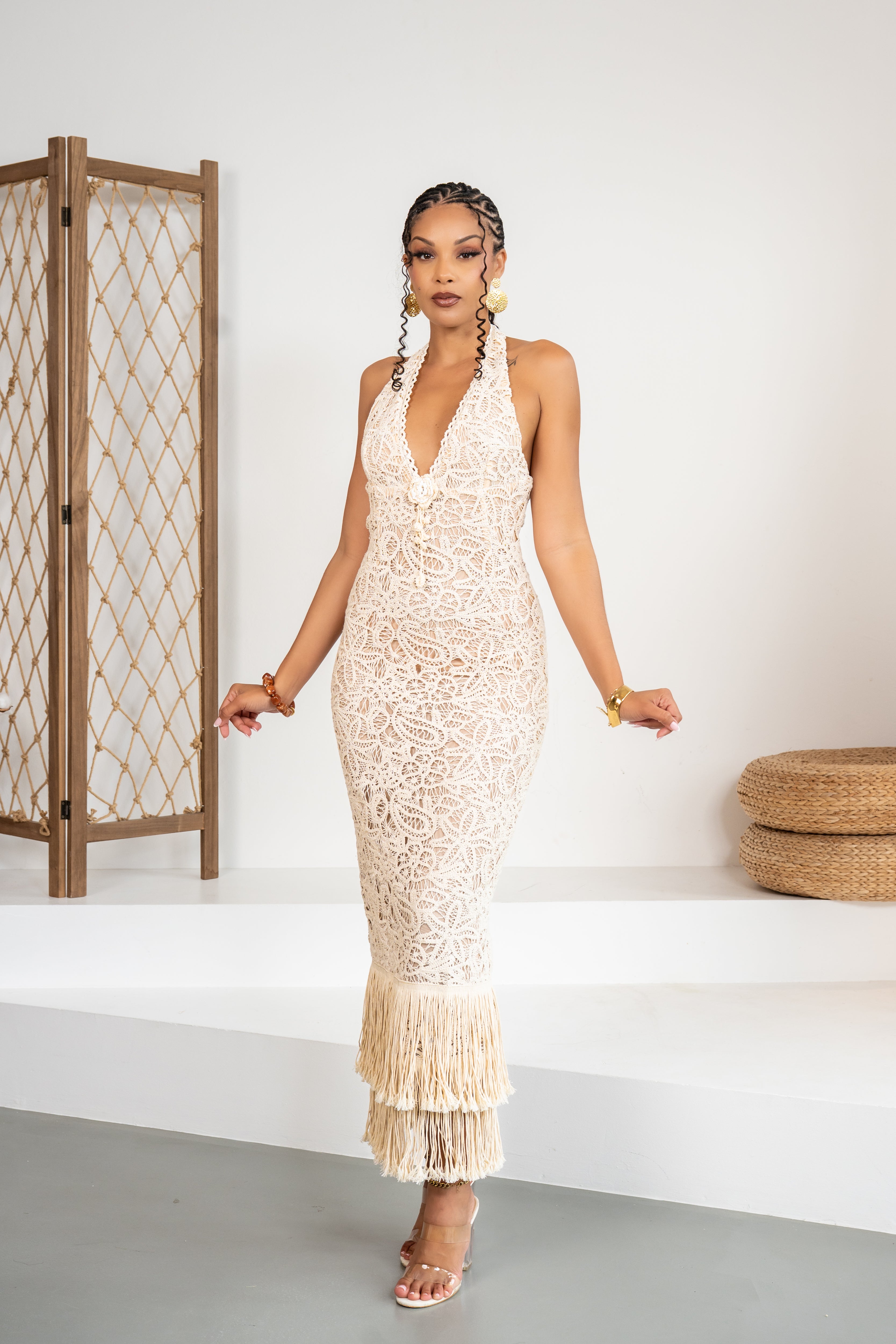 Pearl Goddess - Robe longue à franges