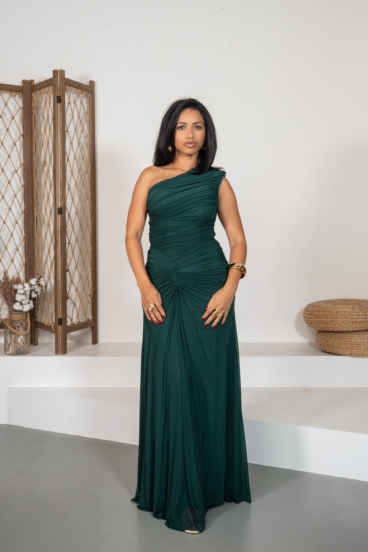 Nova - Robe longue froncée vert foncé