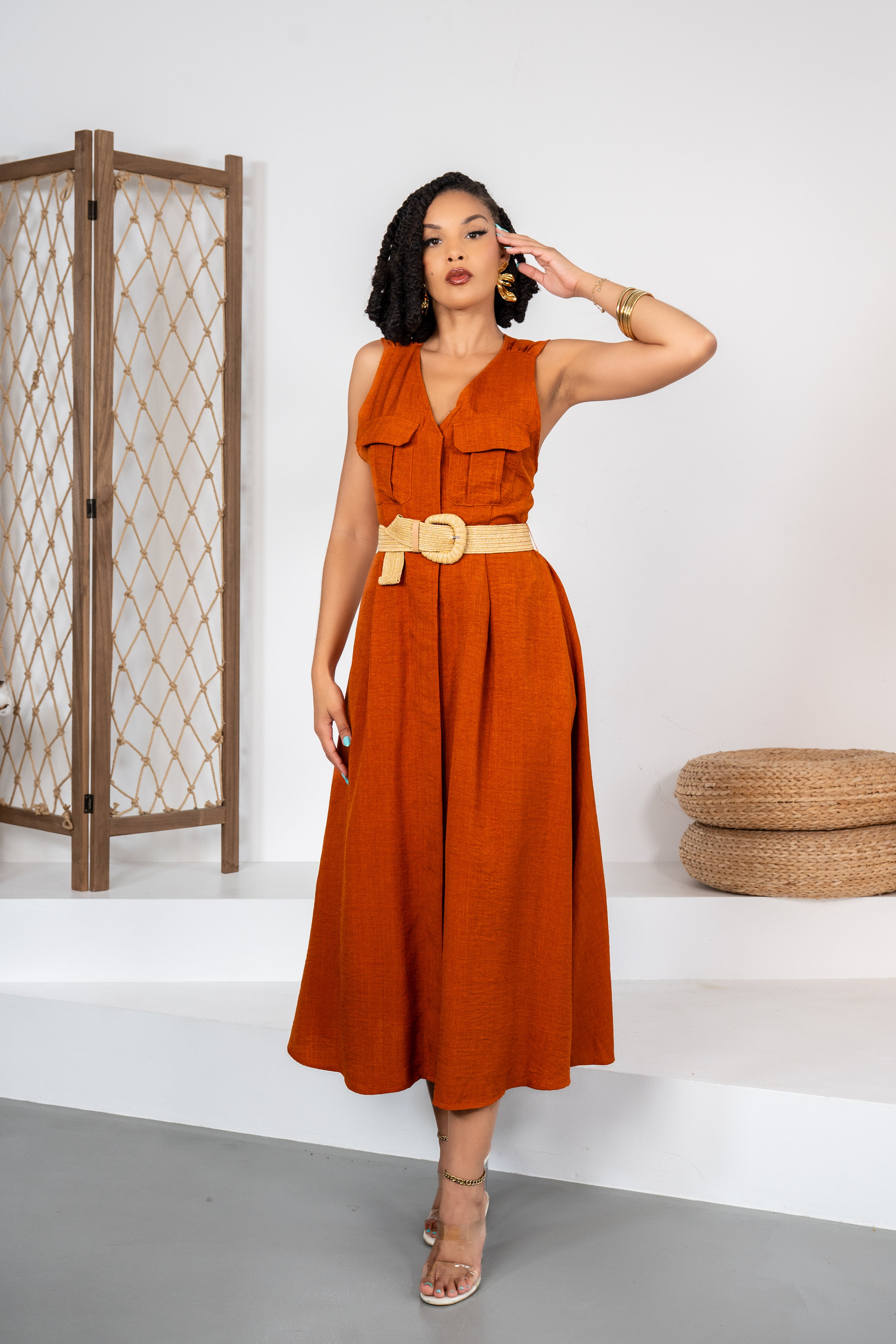 Golden Society - Robe terracotta style lin + ceinture offerte