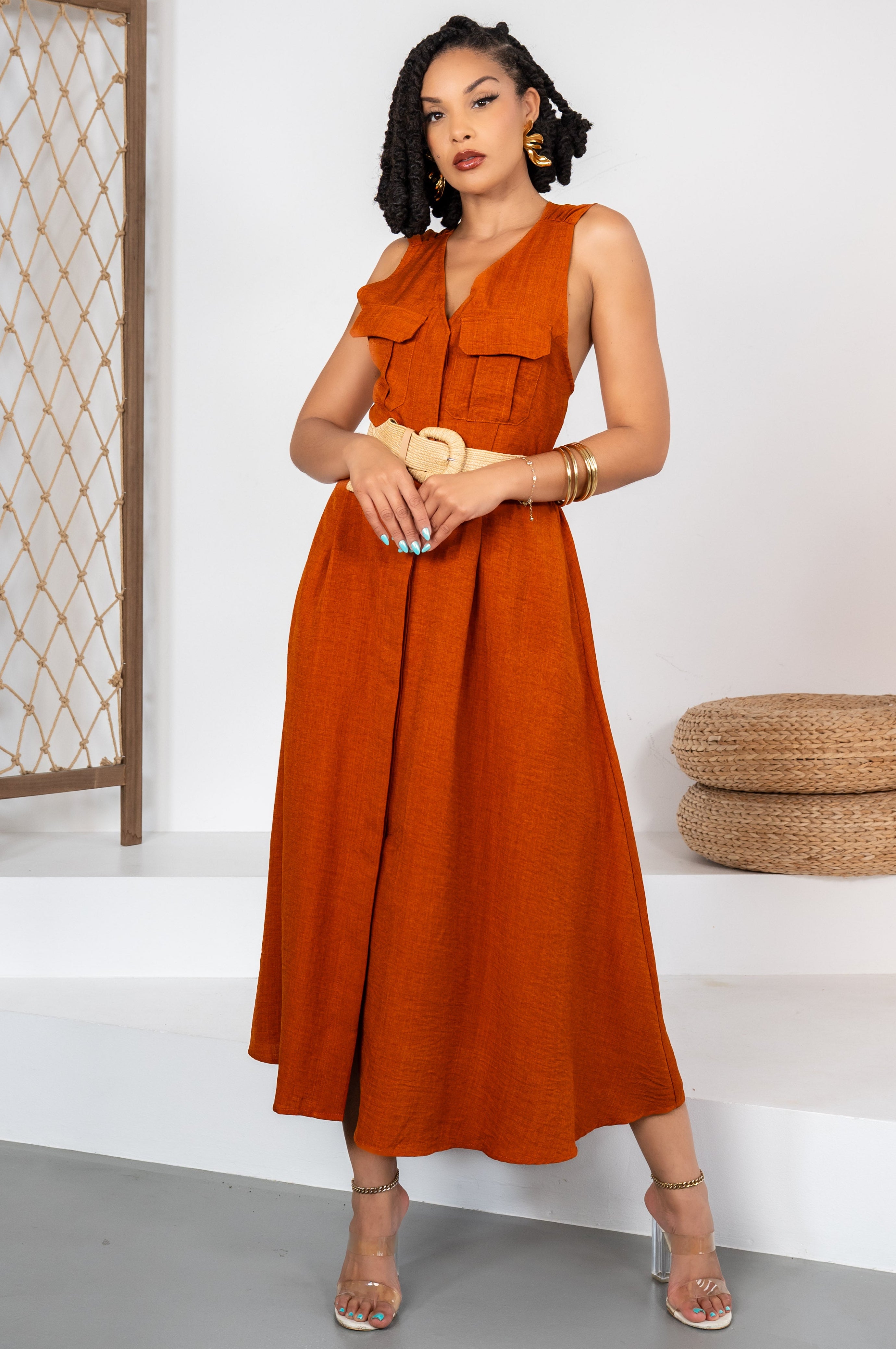 Golden Society - Robe terracotta style lin + ceinture offerte