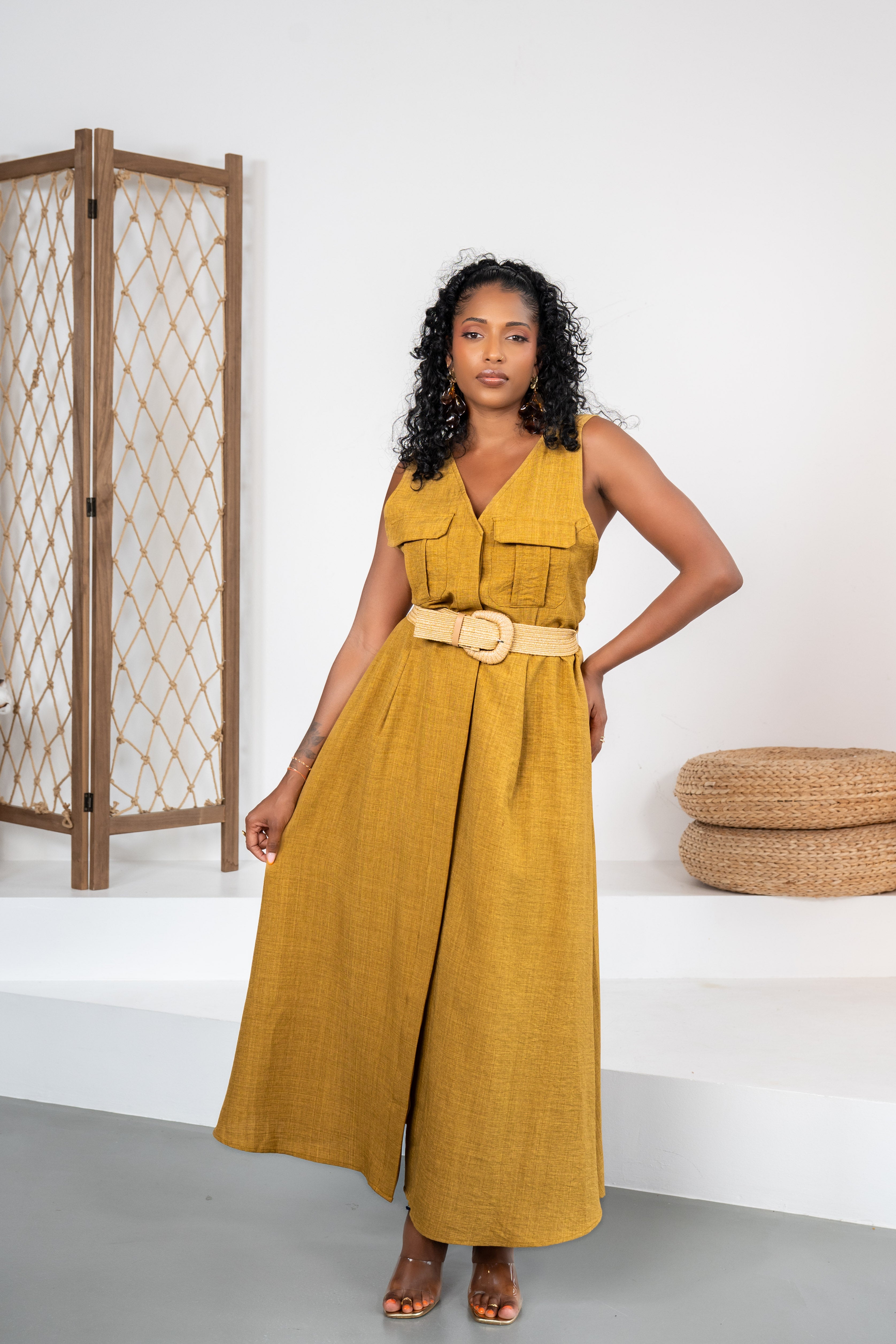 Golden Society - Robe moutarde style lin + ceinture offerte