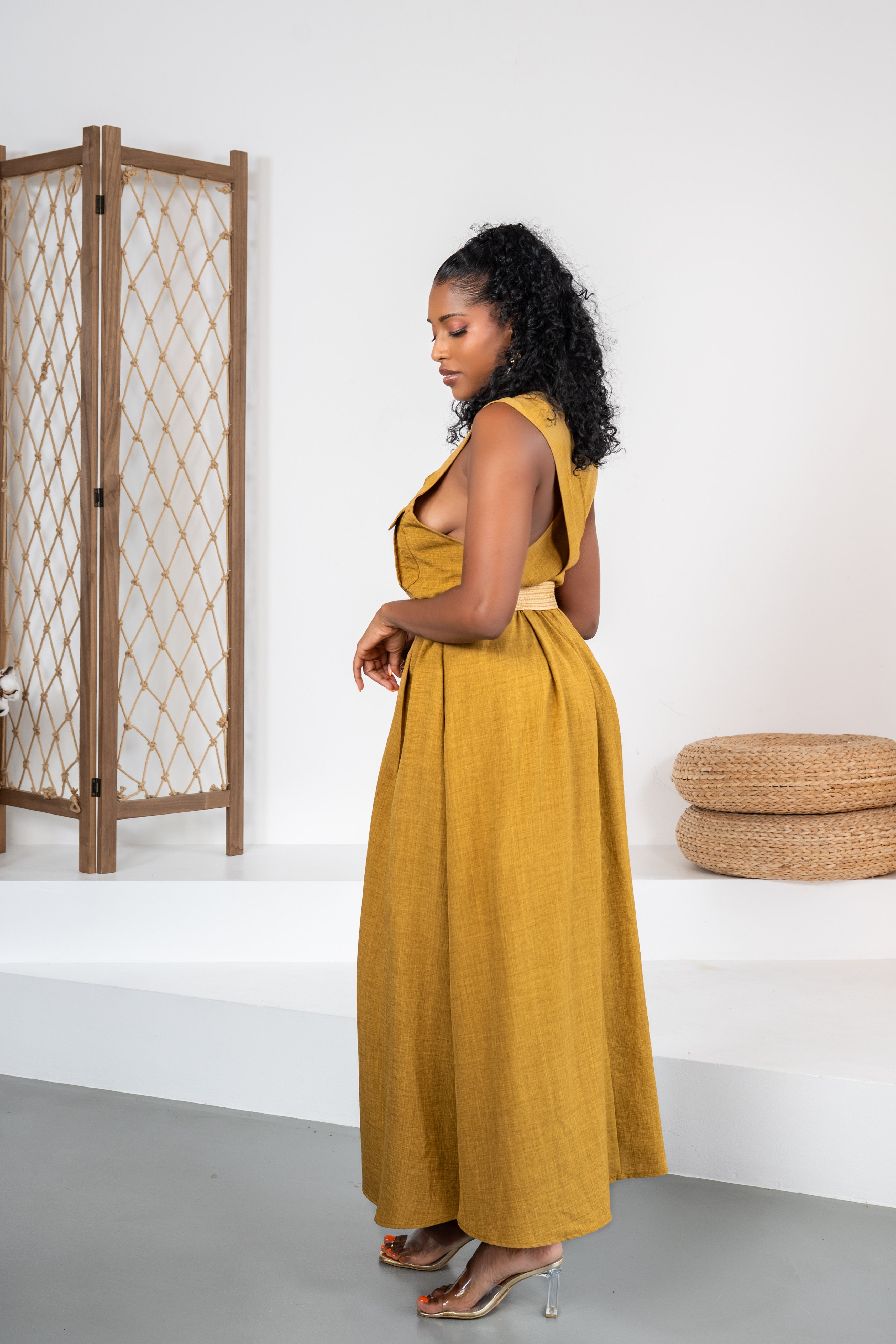 Golden Society - Robe moutarde style lin + ceinture offerte