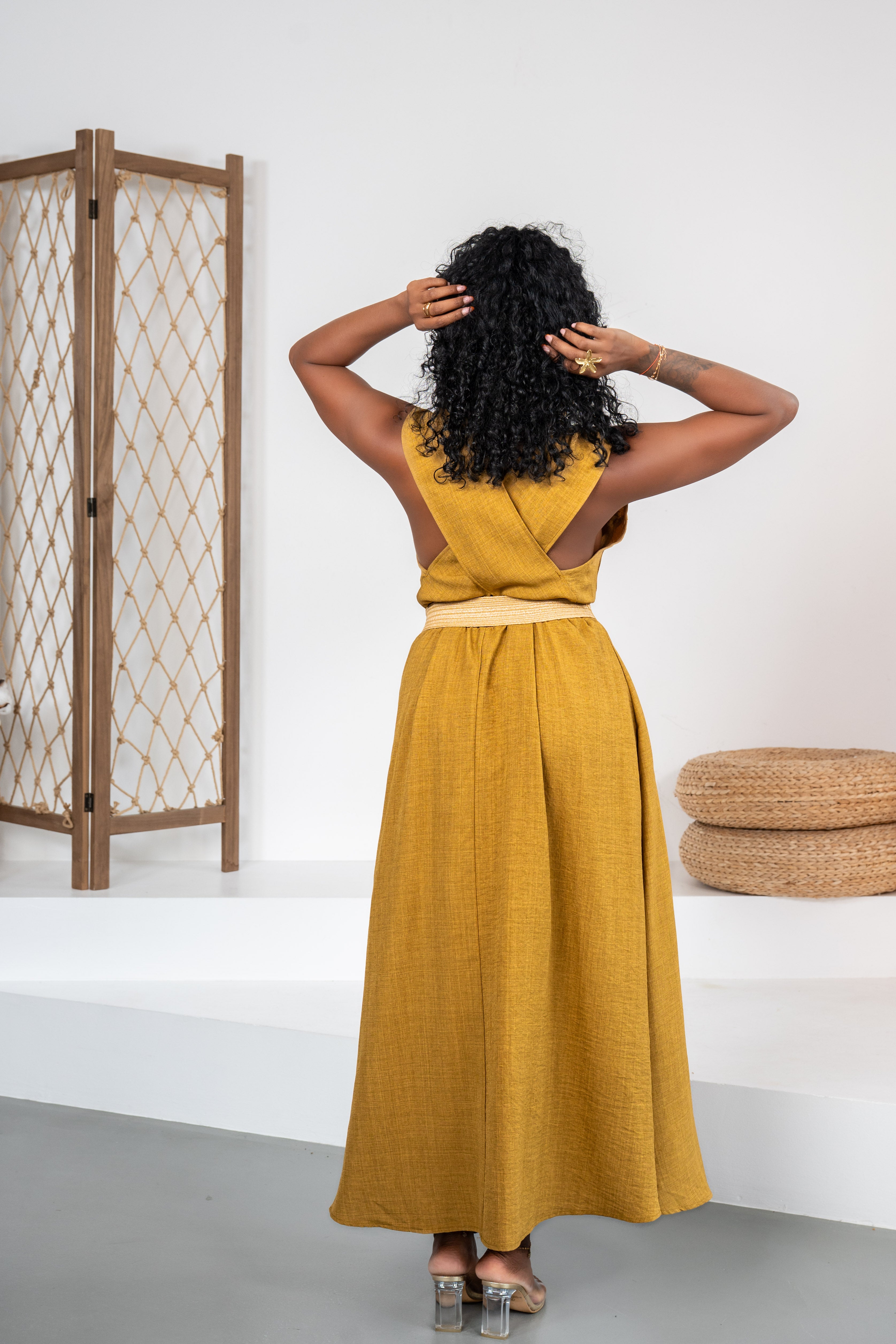 Golden Society - Robe moutarde style lin + ceinture offerte
