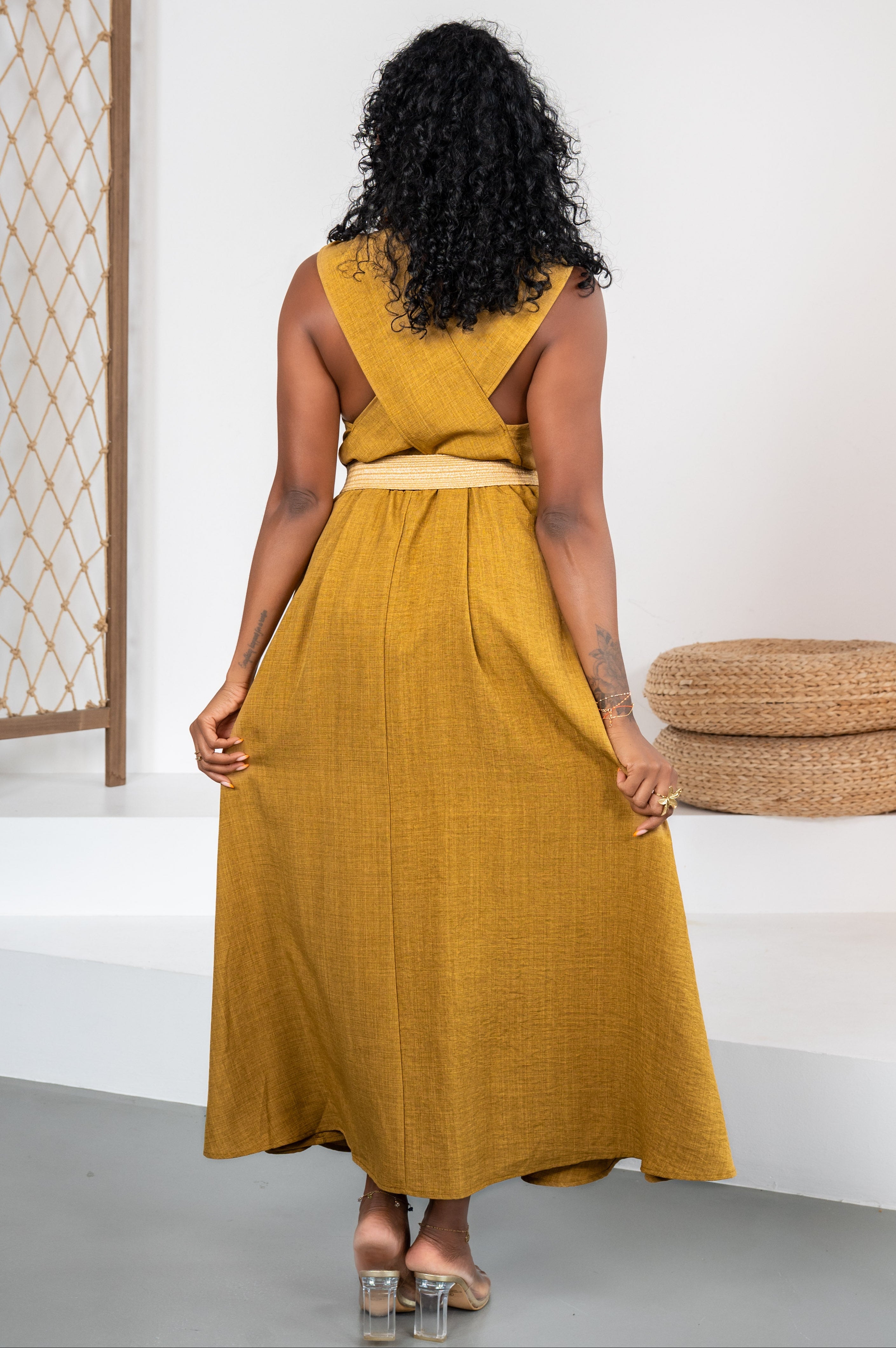 Golden Society - Robe moutarde style lin + ceinture offerte