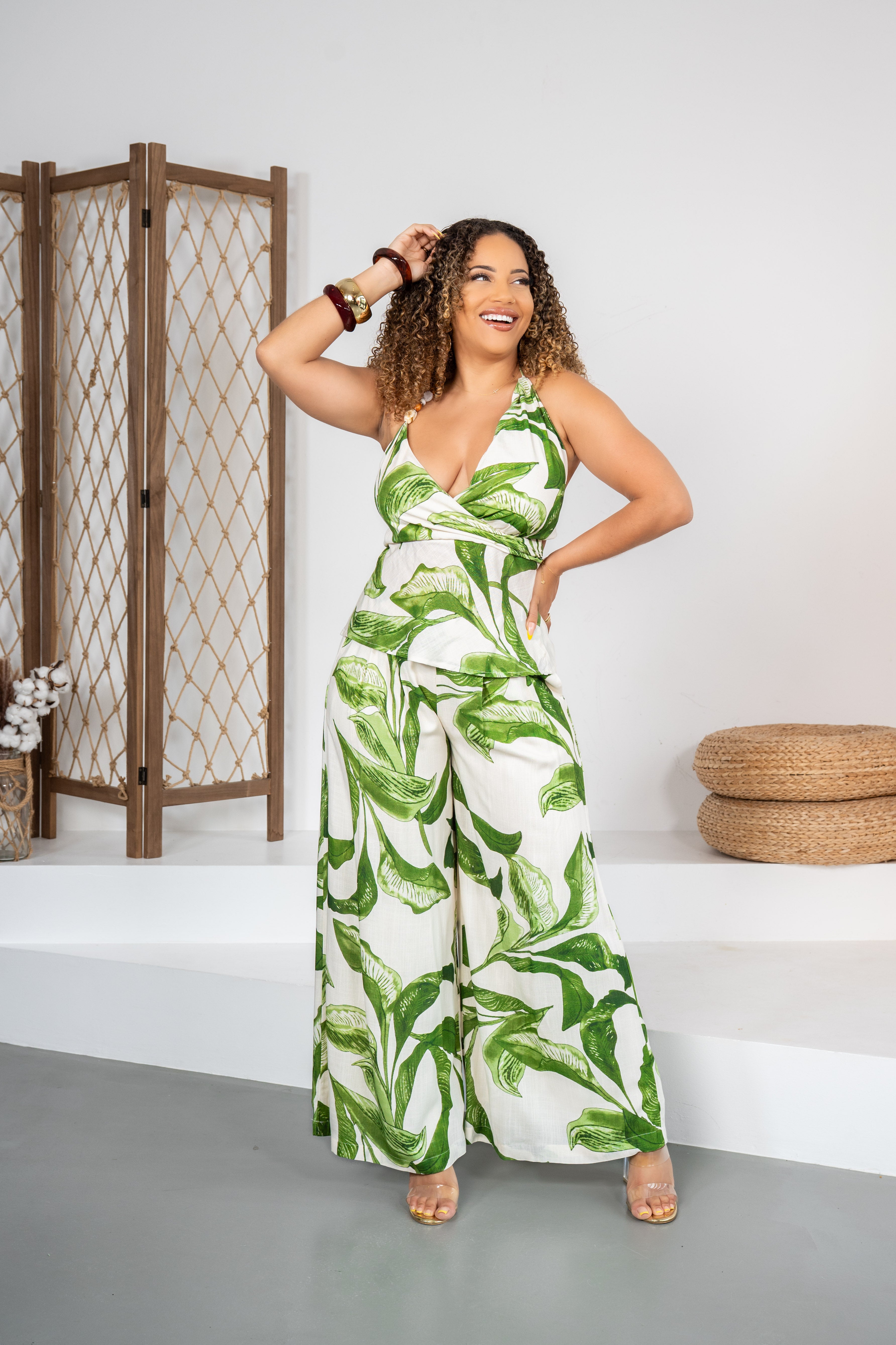 Palms heiress -Ensemble pantalon fluide blanc à motifs