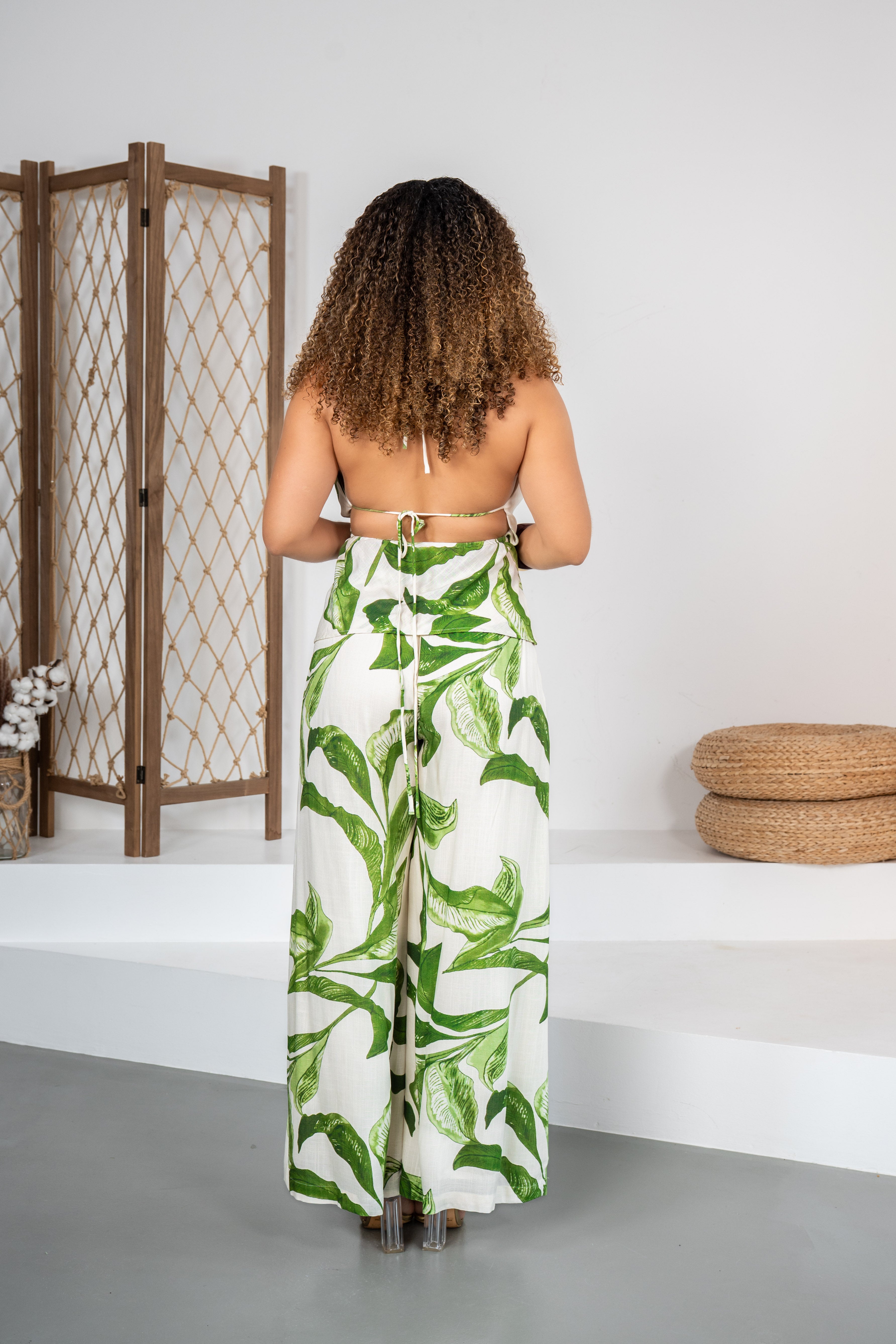 Palms heiress -Ensemble pantalon fluide blanc à motifs