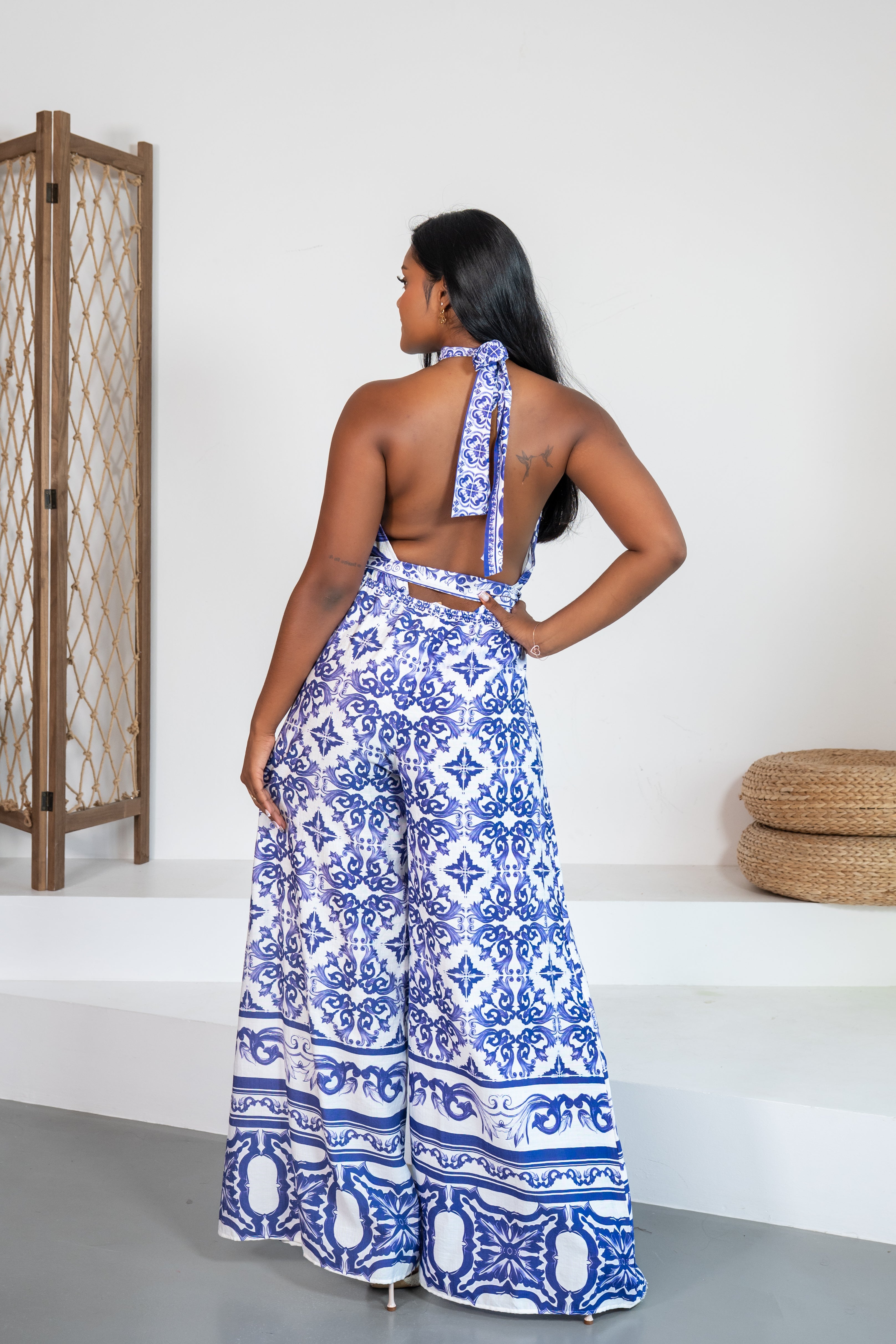 Azulejos - Combinaison pantalon large imprimé porcelaine bleu