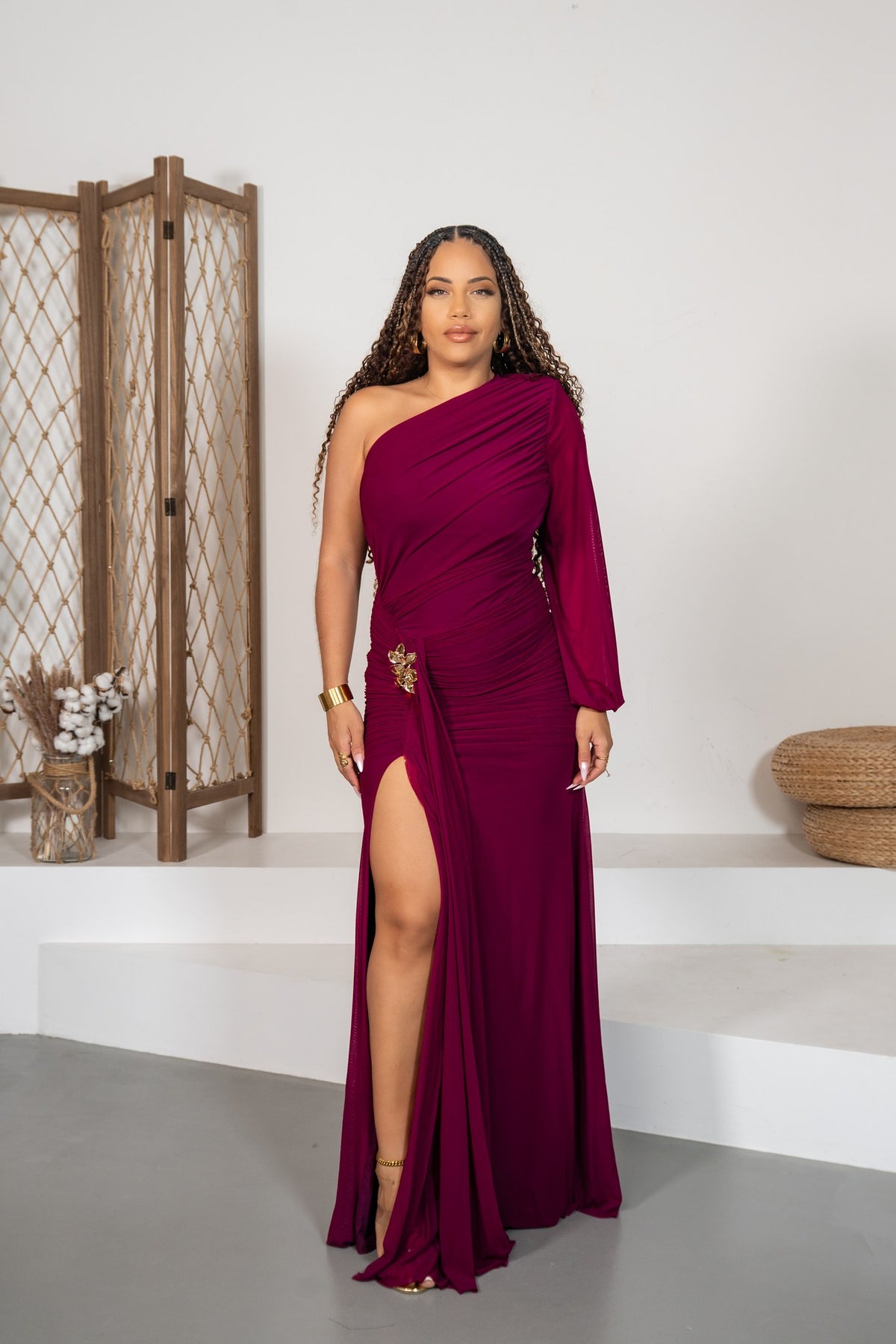 Bolero - Robe longue drapée prune