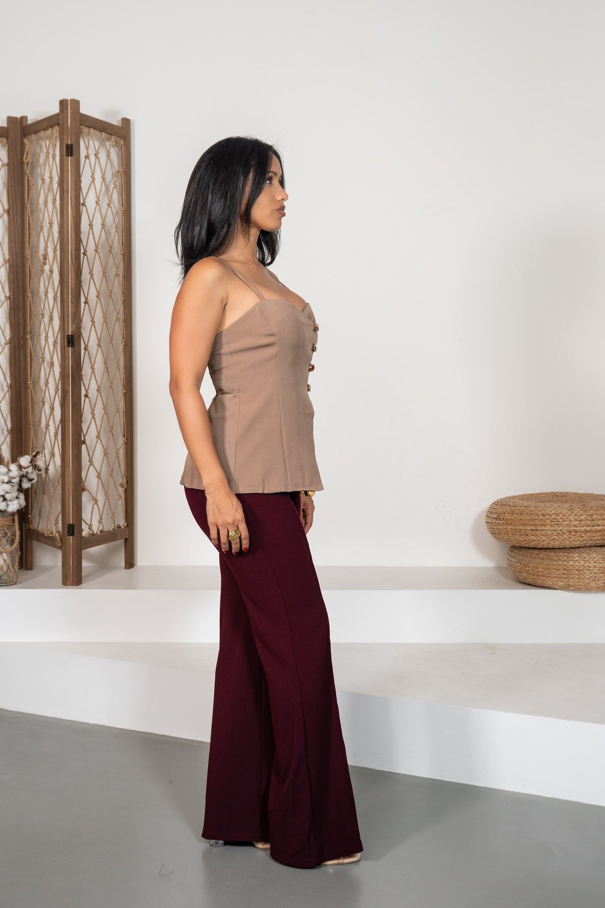 Cedro - Pantalon flare ceinturé bordeaux
