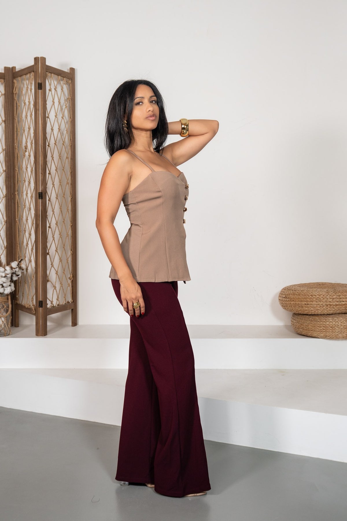 Cedro - Pantalon flare ceinturé bordeaux