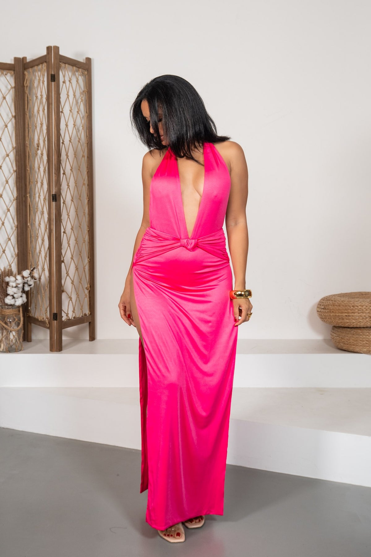 Fresa - Robe longue satinée fuchsia