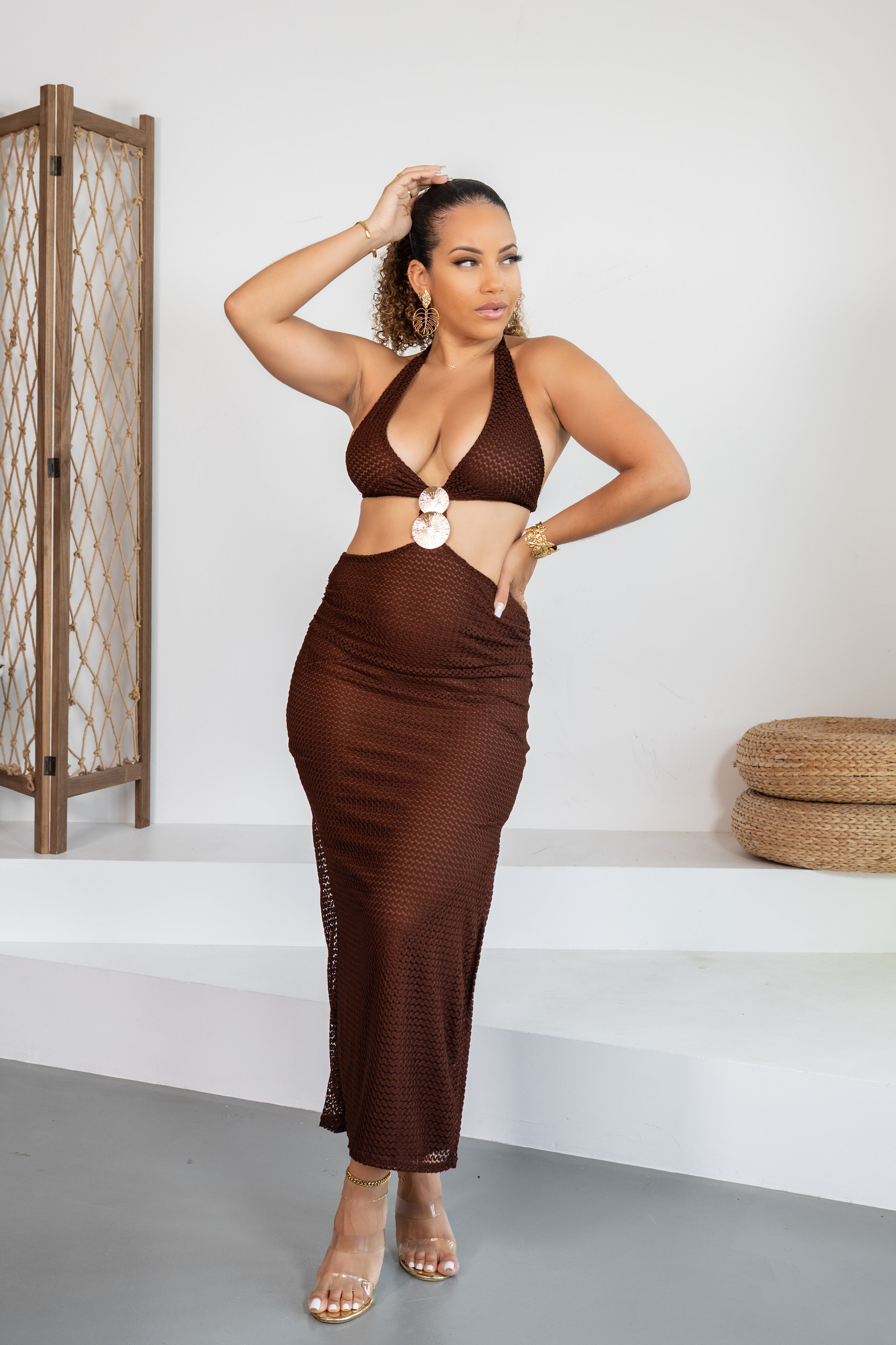 Cacao - Robe longue maille marron