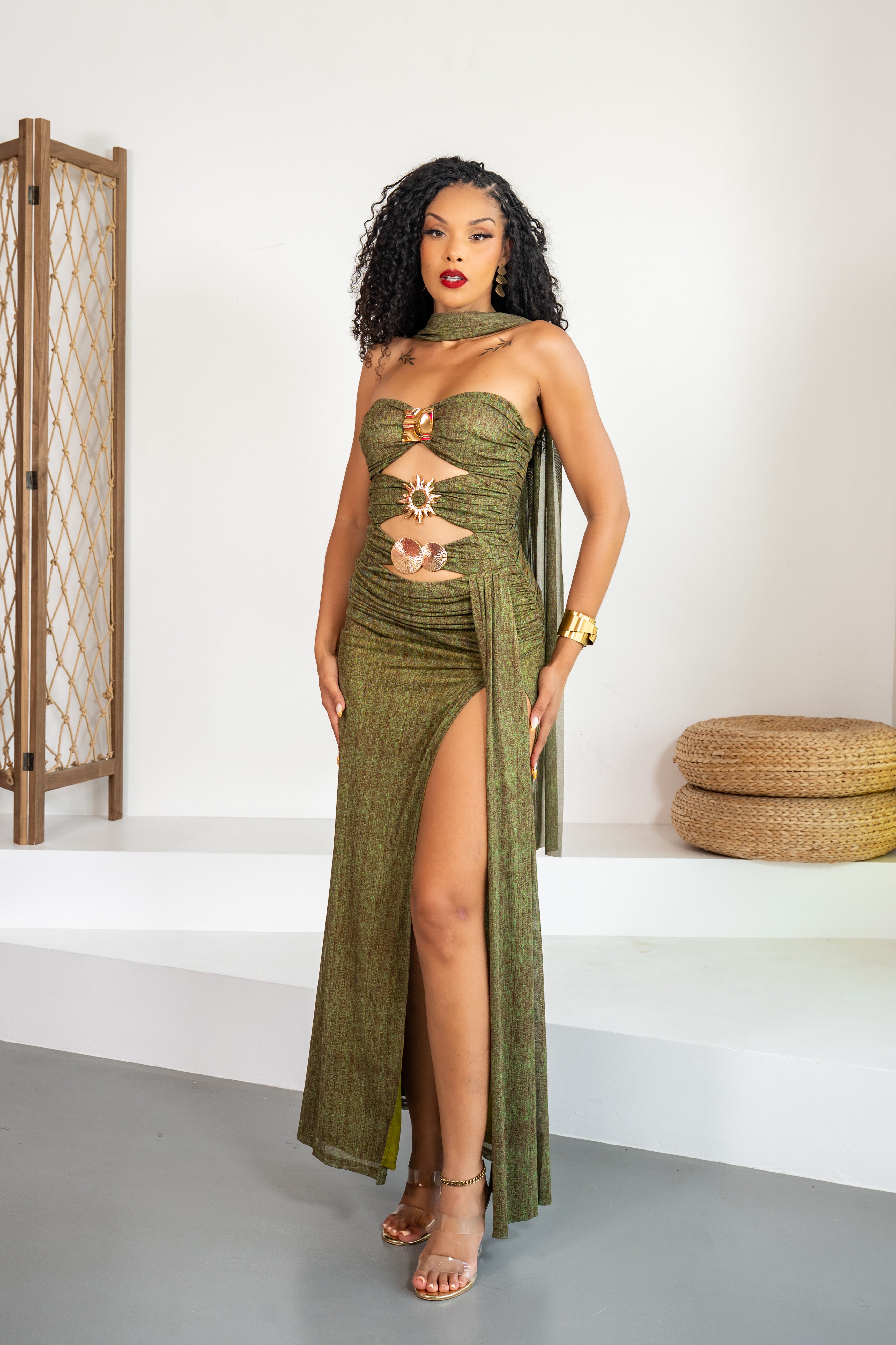 Oliva - Robe longue bustier vert kaki