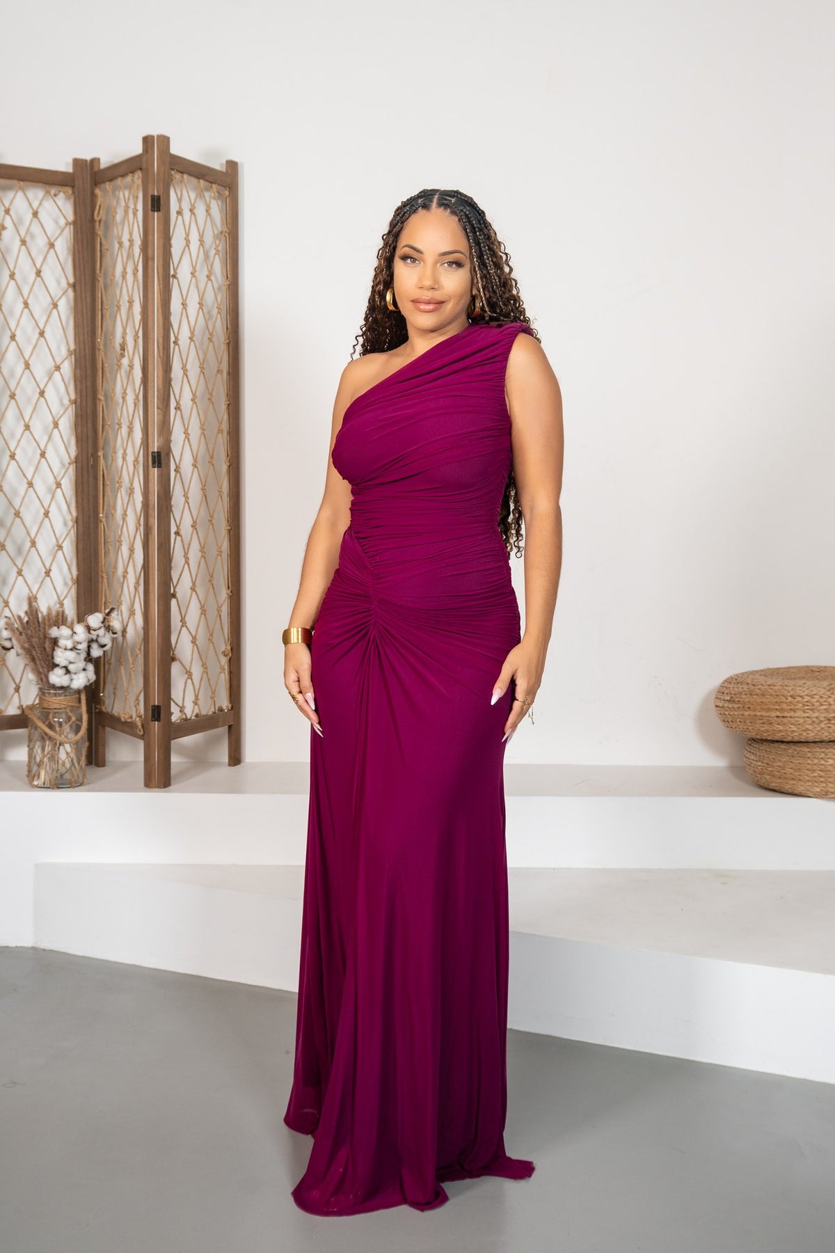 Lyra - Robe longue froncée raisin