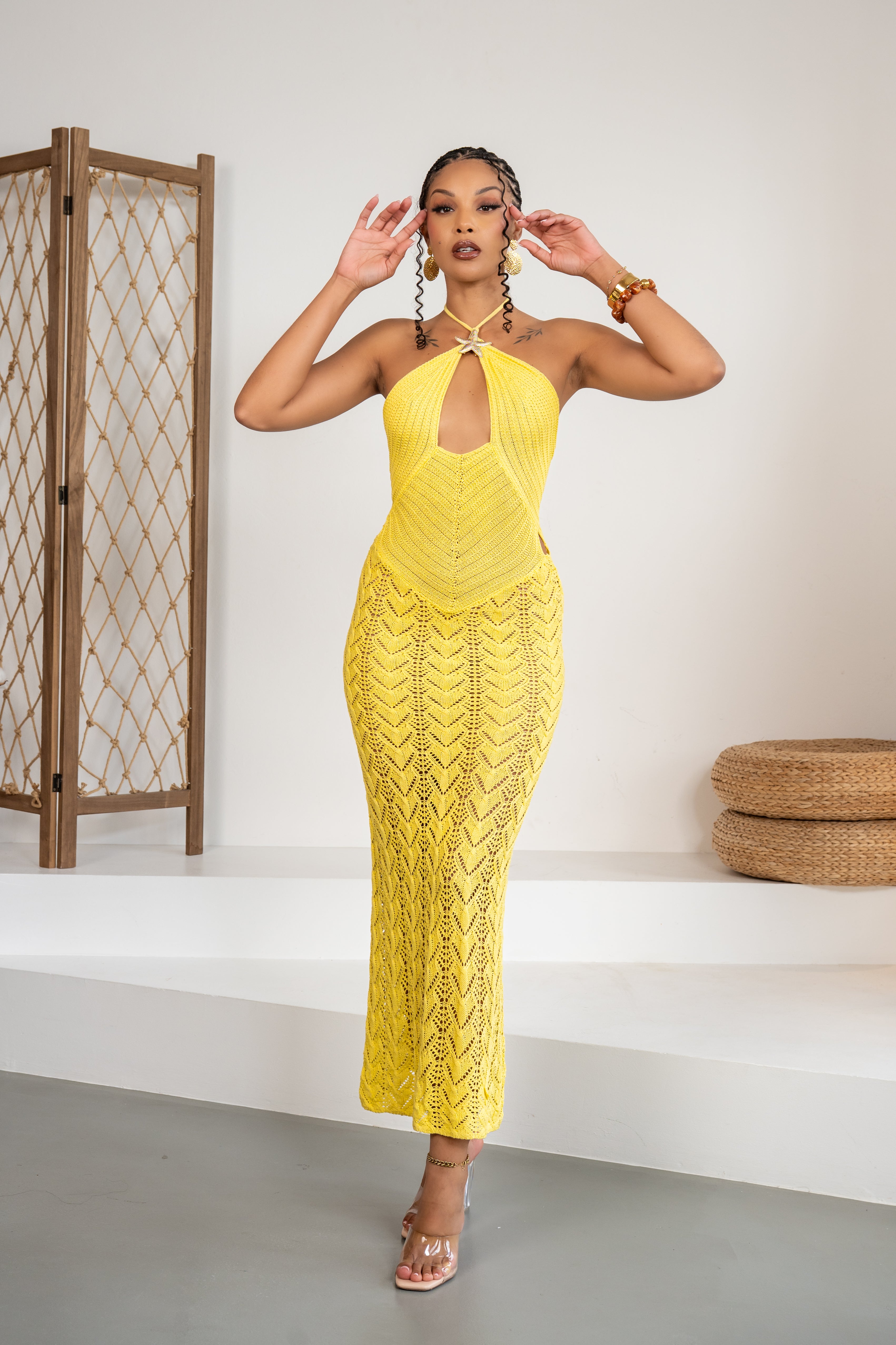 Solar star - Robe longue jaune en crochet