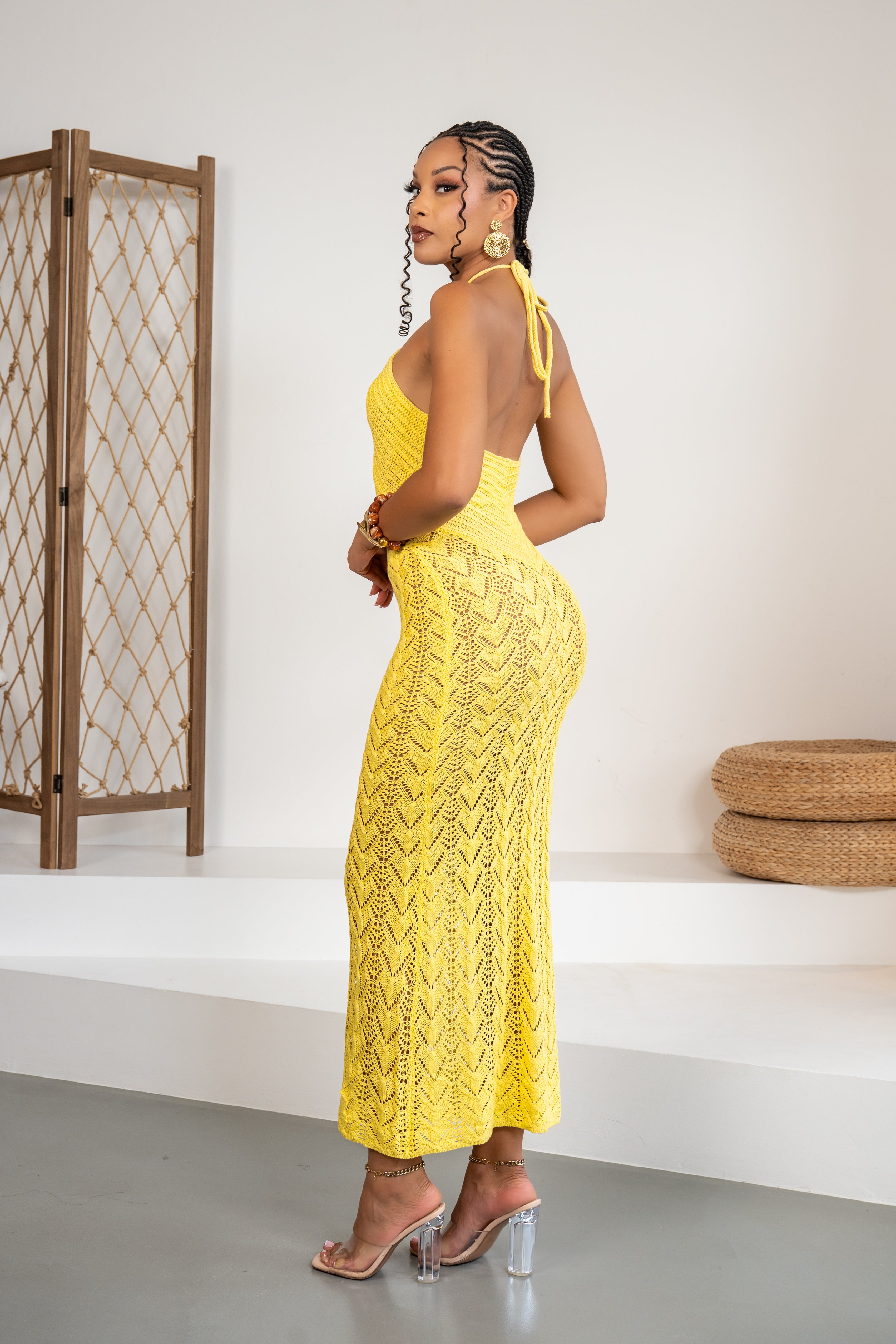 Solar star - Robe longue jaune en crochet