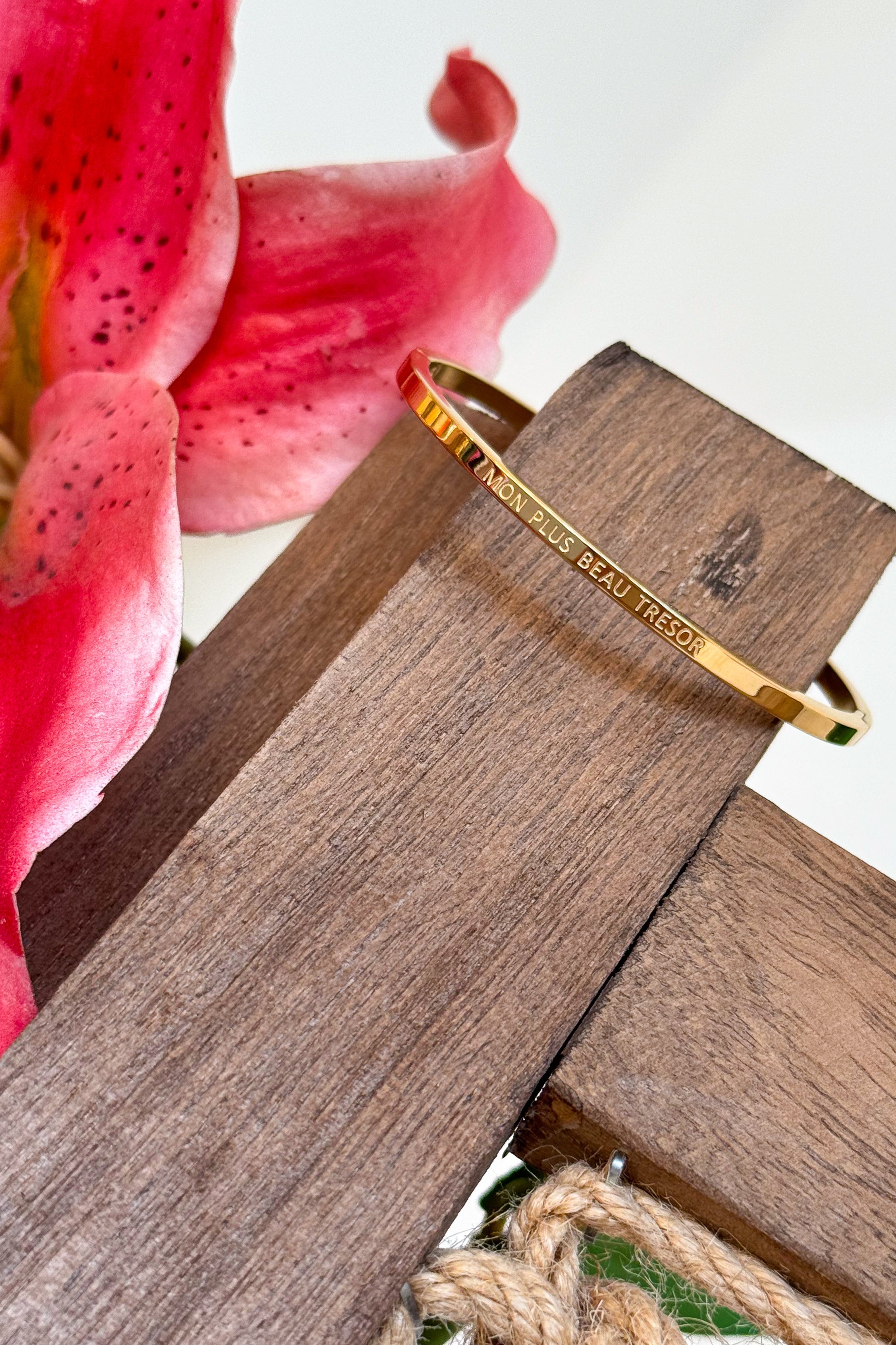 Jonc "MON PLUS BEAU TRÉSOR" doré en acier inoxydable