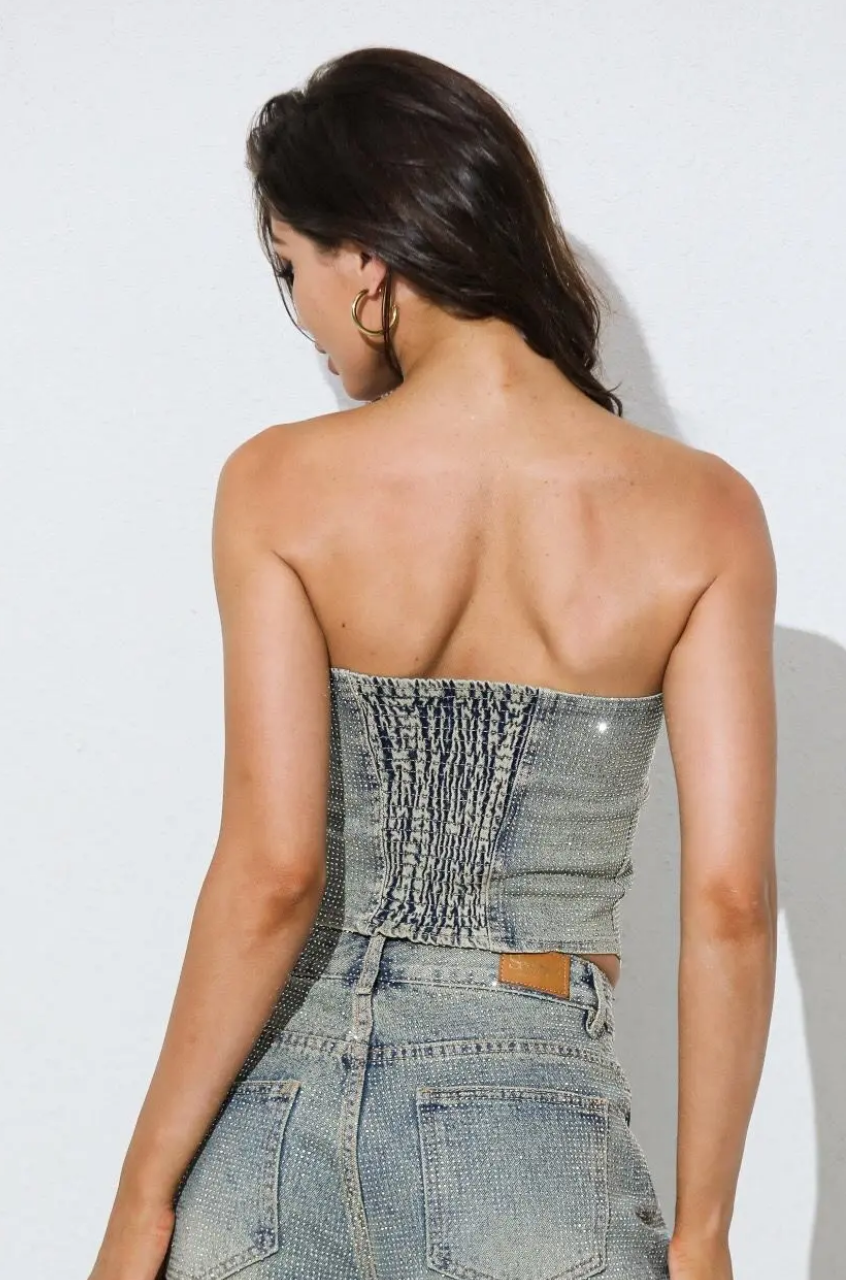 Diamond denim - Top bustier pailleté bleu délavé
