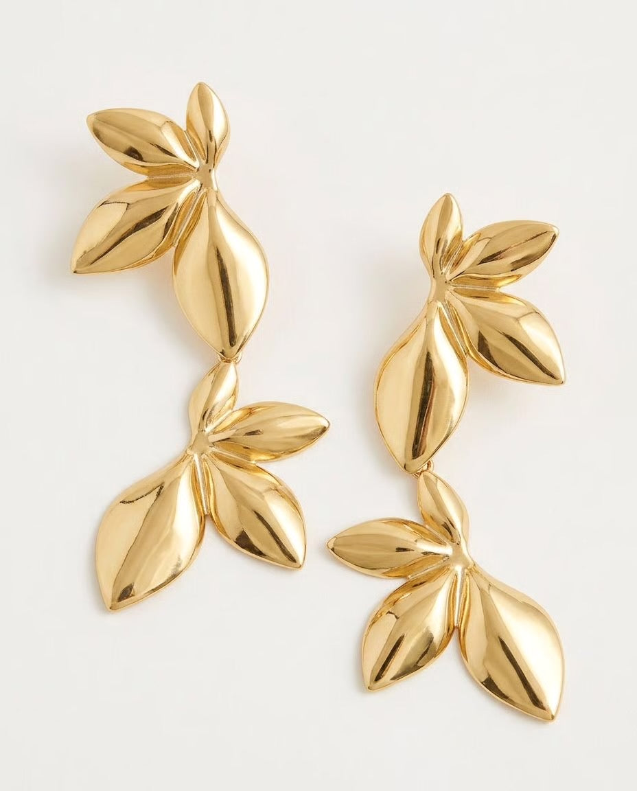 Éléna - Boucles d'oreilles feuilles pendantes en acier inoxydable